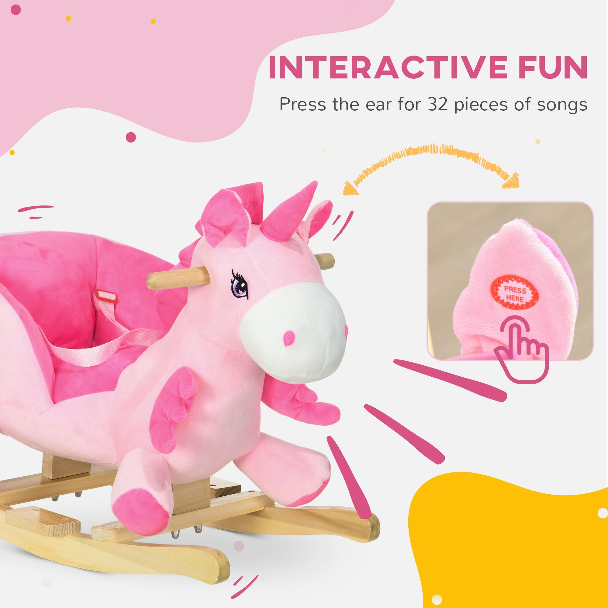 Baby Rocking Horse Ride On Unicorn with 32 Songs, Seatbelt, Pink