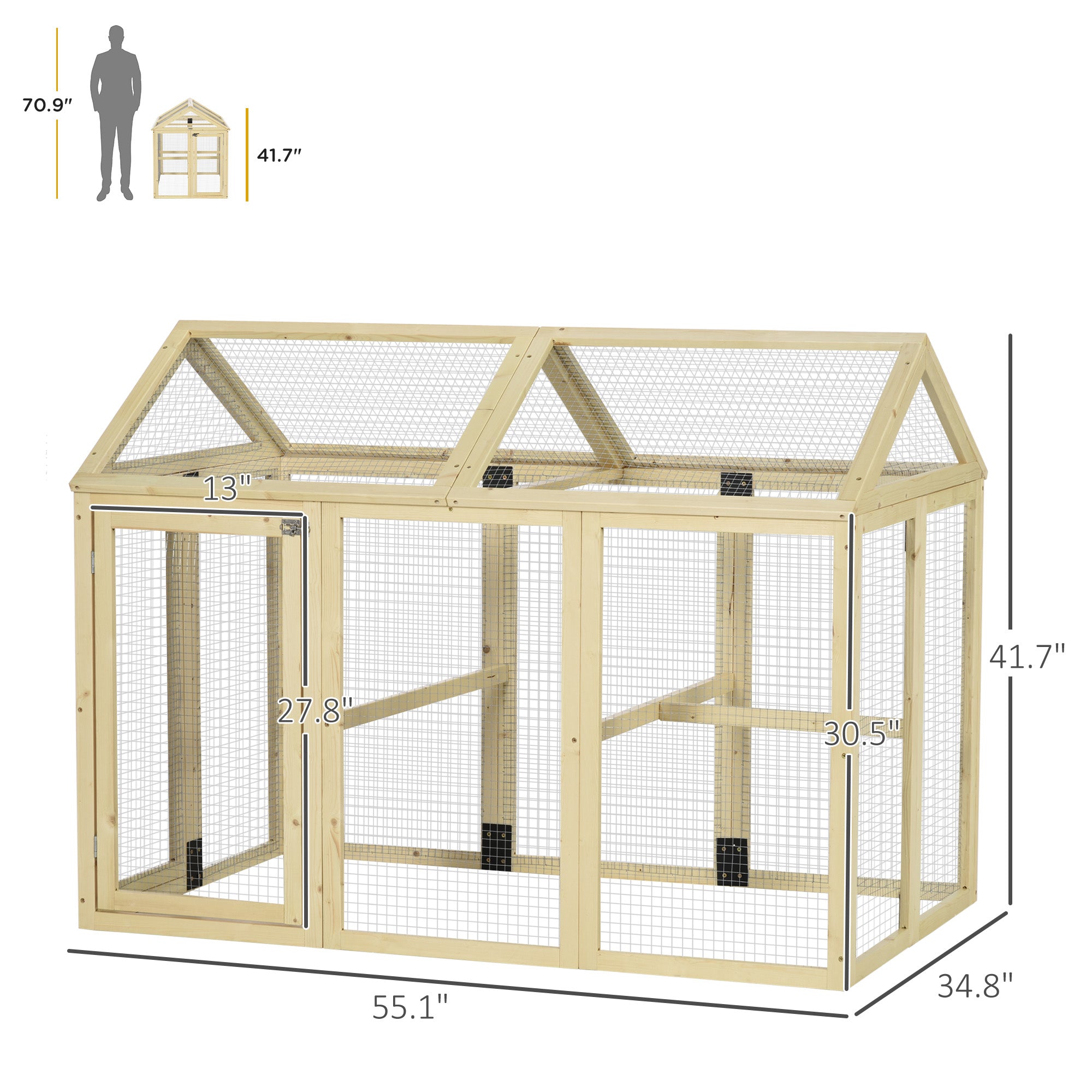 Wooden Chicken Run, Combinable Design with Perches, 4.6' x 2.8', Nature Wood