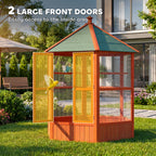 69" Wooden Hexagonal Outdoor Aviary Flight Bird Cage With Covered Roof, Brown