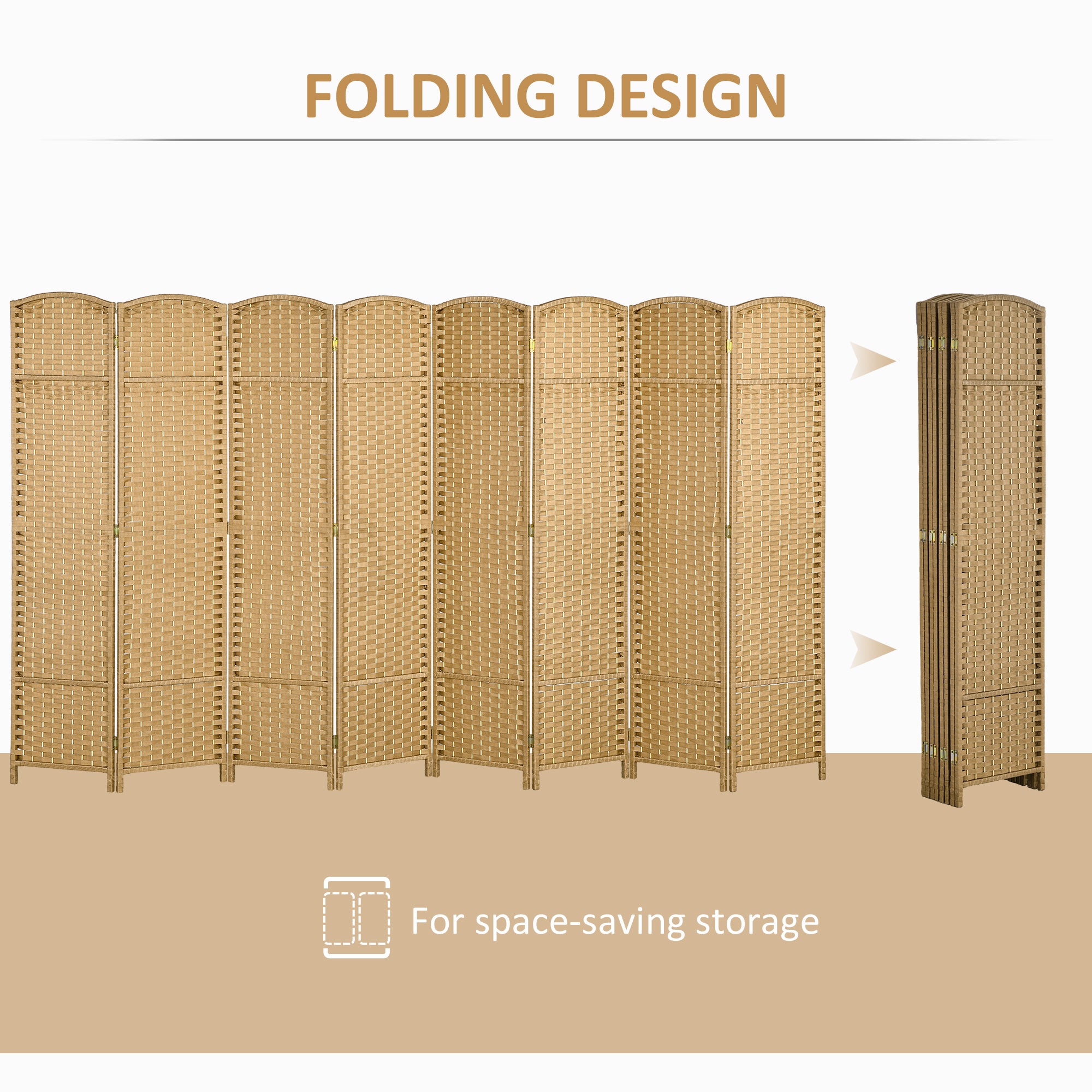 Folding Room Divider Screen 8 Panel 5.6 ' Tall Privacy Screen Freestanding Room Partition for Home Office, Nature Wood
