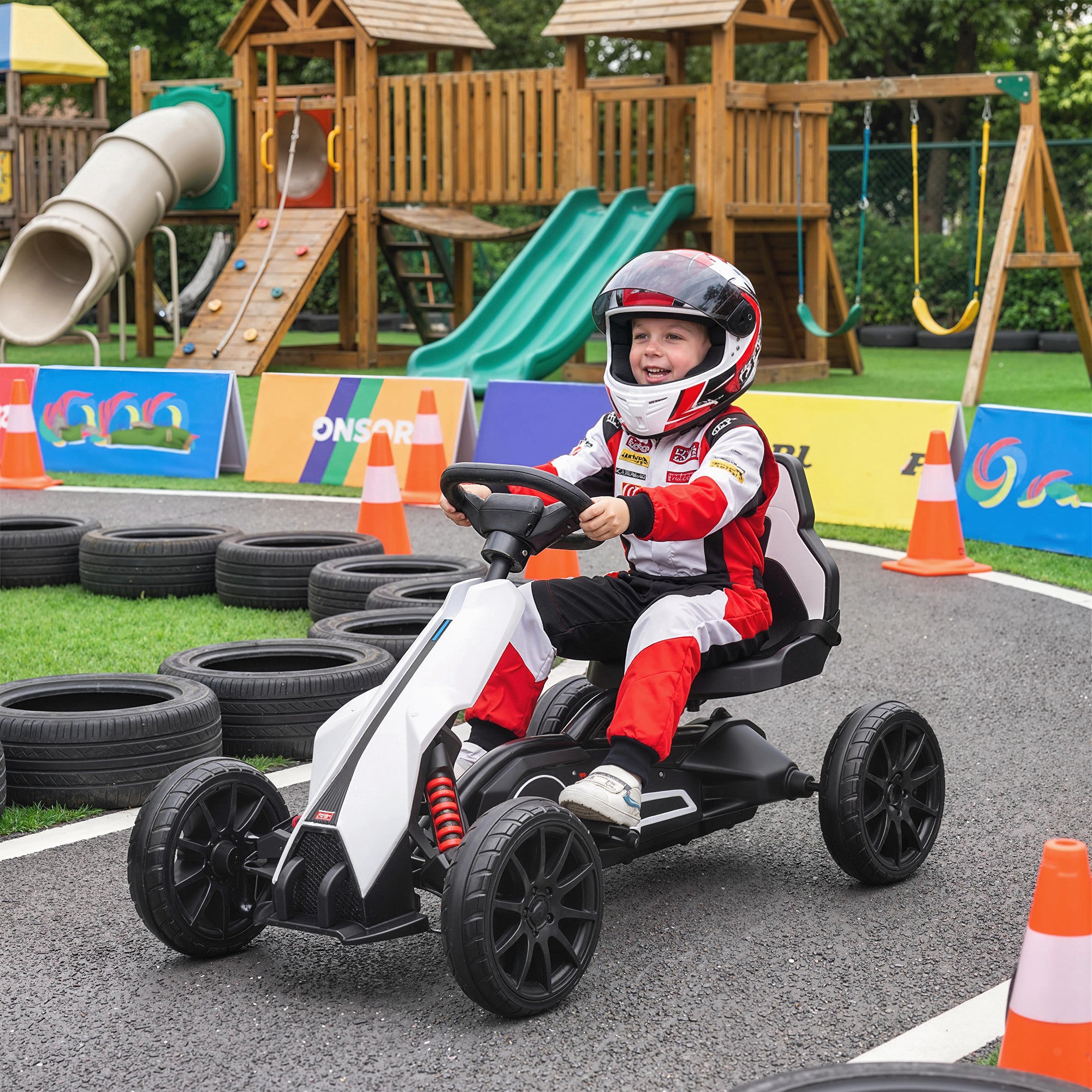 12V Electric Go Kart for Kids, Ride On Toy with EVA Tires, 2 Speeds, Adjustable Seat, Safety Belt for 3-8 Years, White