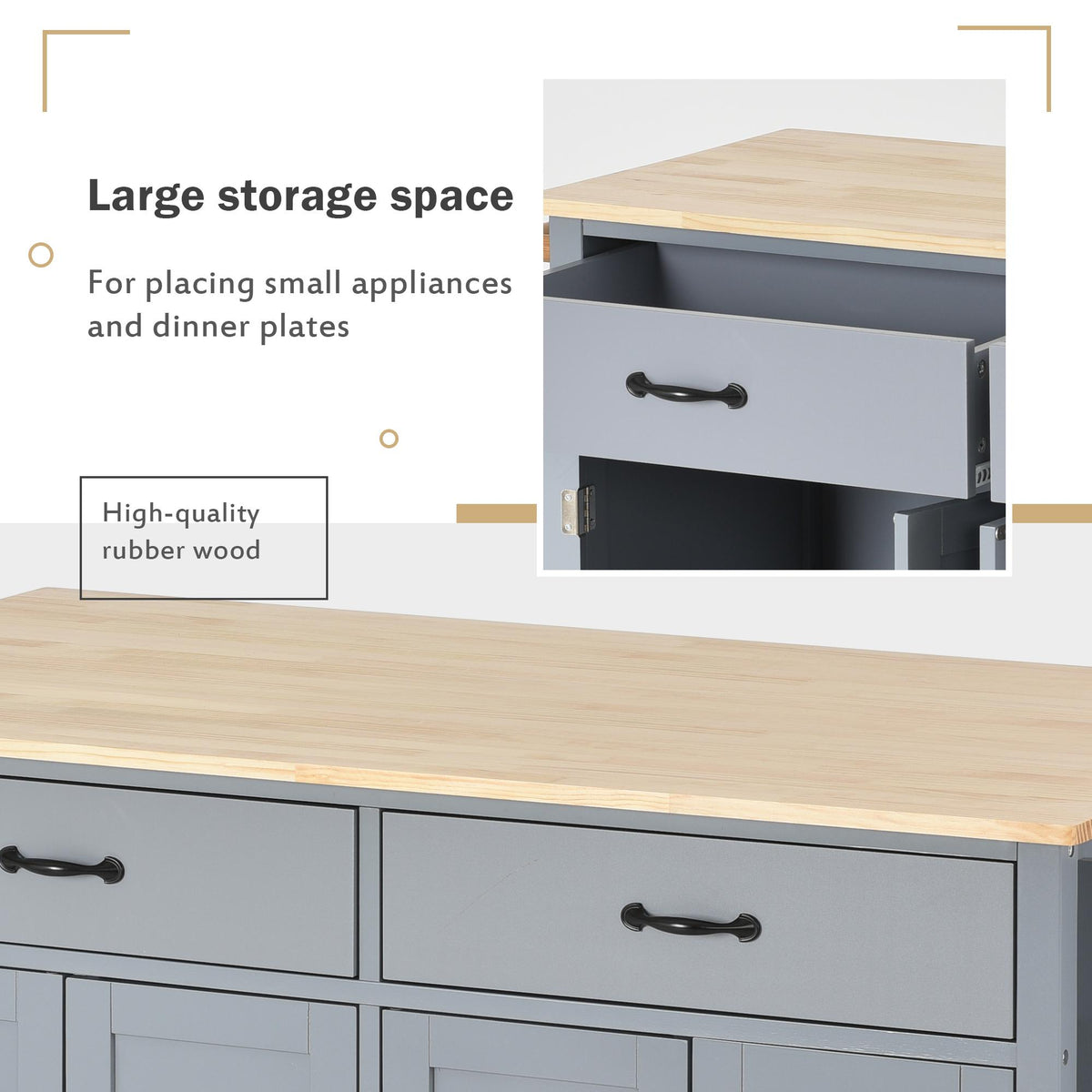 Kitchen Island Cart with 4-Door Cabinet, 2 Drawers, Solid Wood Top, Locking Wheels, Spice and Towel Racks, 54.5" L x 18.5" W x 36" H, Blue