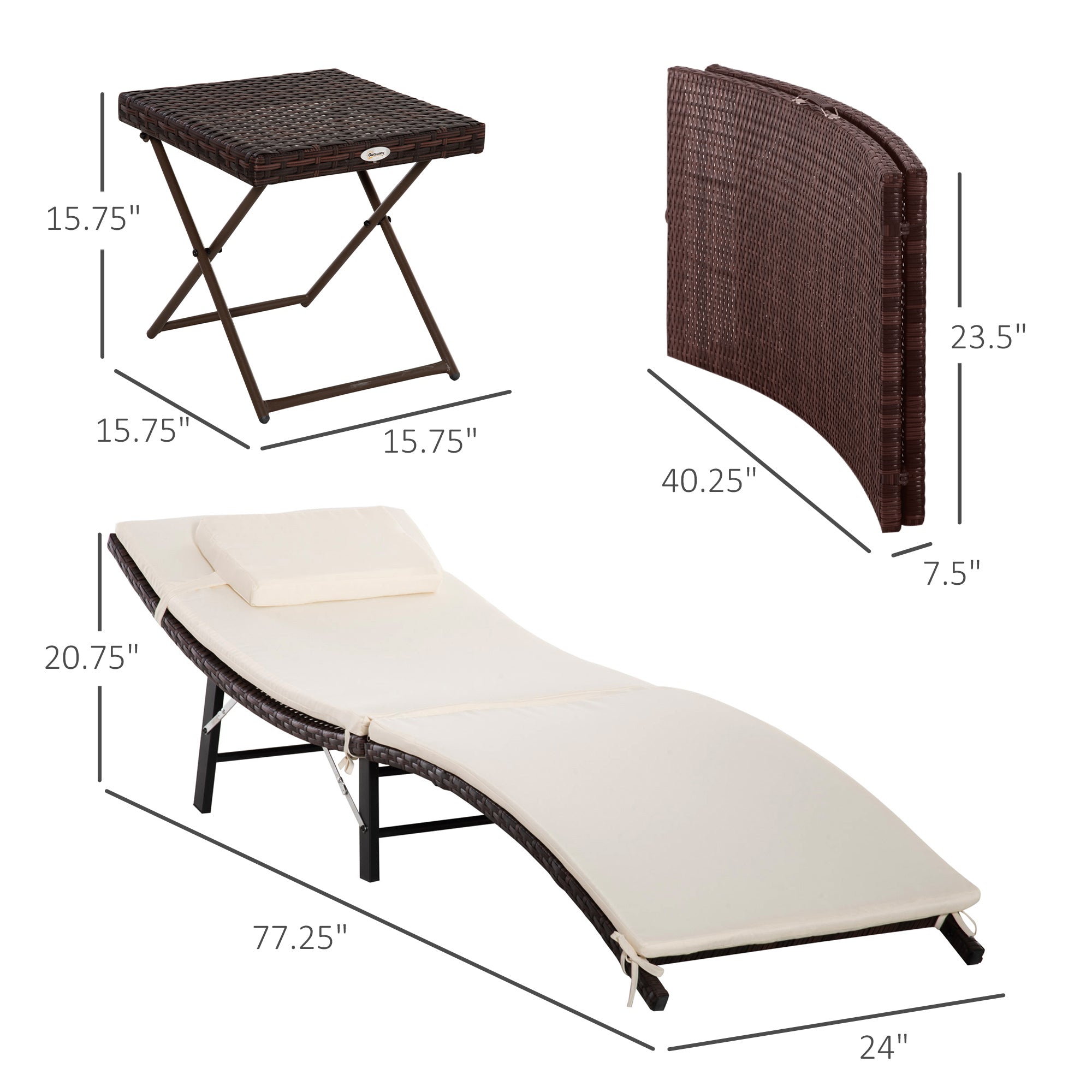 Patio Chaise Set, Set Of 2 Folding Pool Lounge Chairs with Side Table, Outdoor PE Rattan Wicker, Cushion, Pillow for Beach, Beige