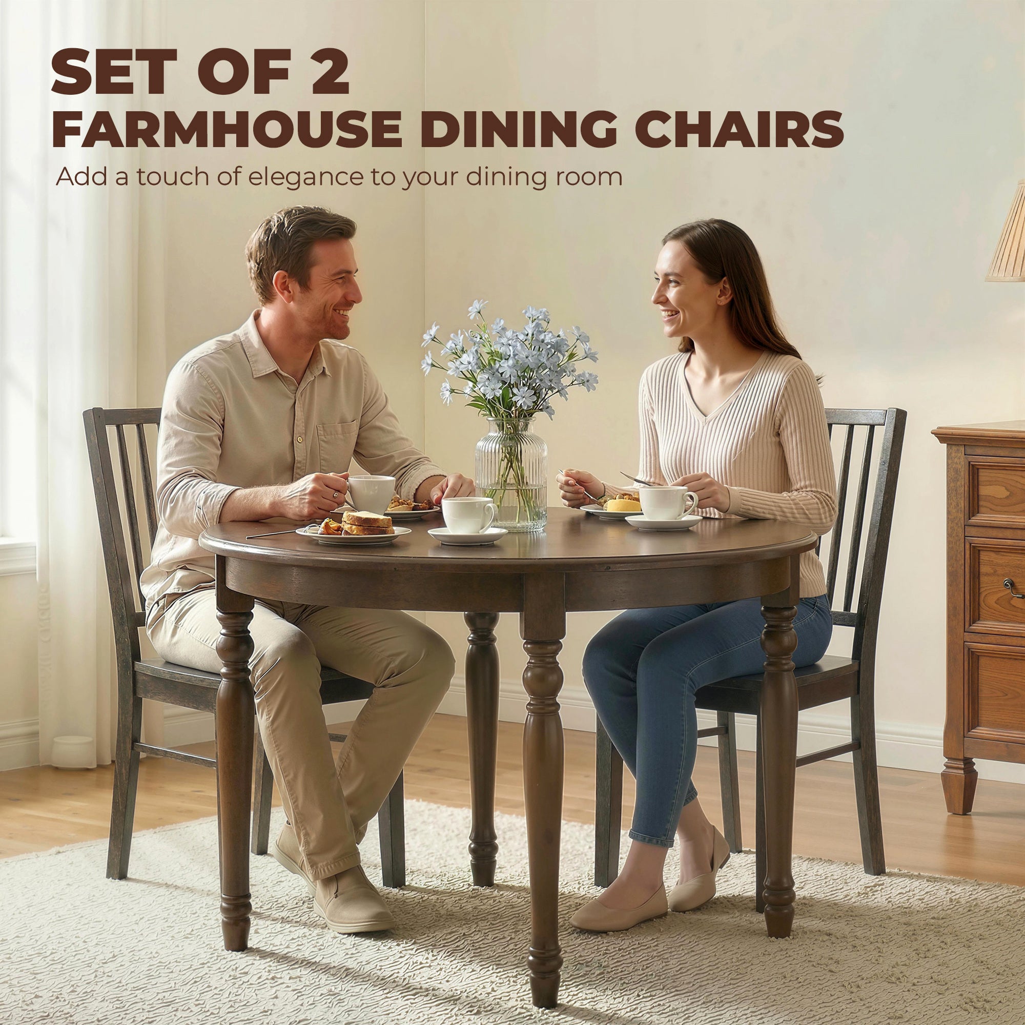 Dining Chairs Set of 2 Ergonomic Solid Wood, Armless Kitchen Chairs with Rubberwood Legs, Charcoal Gray