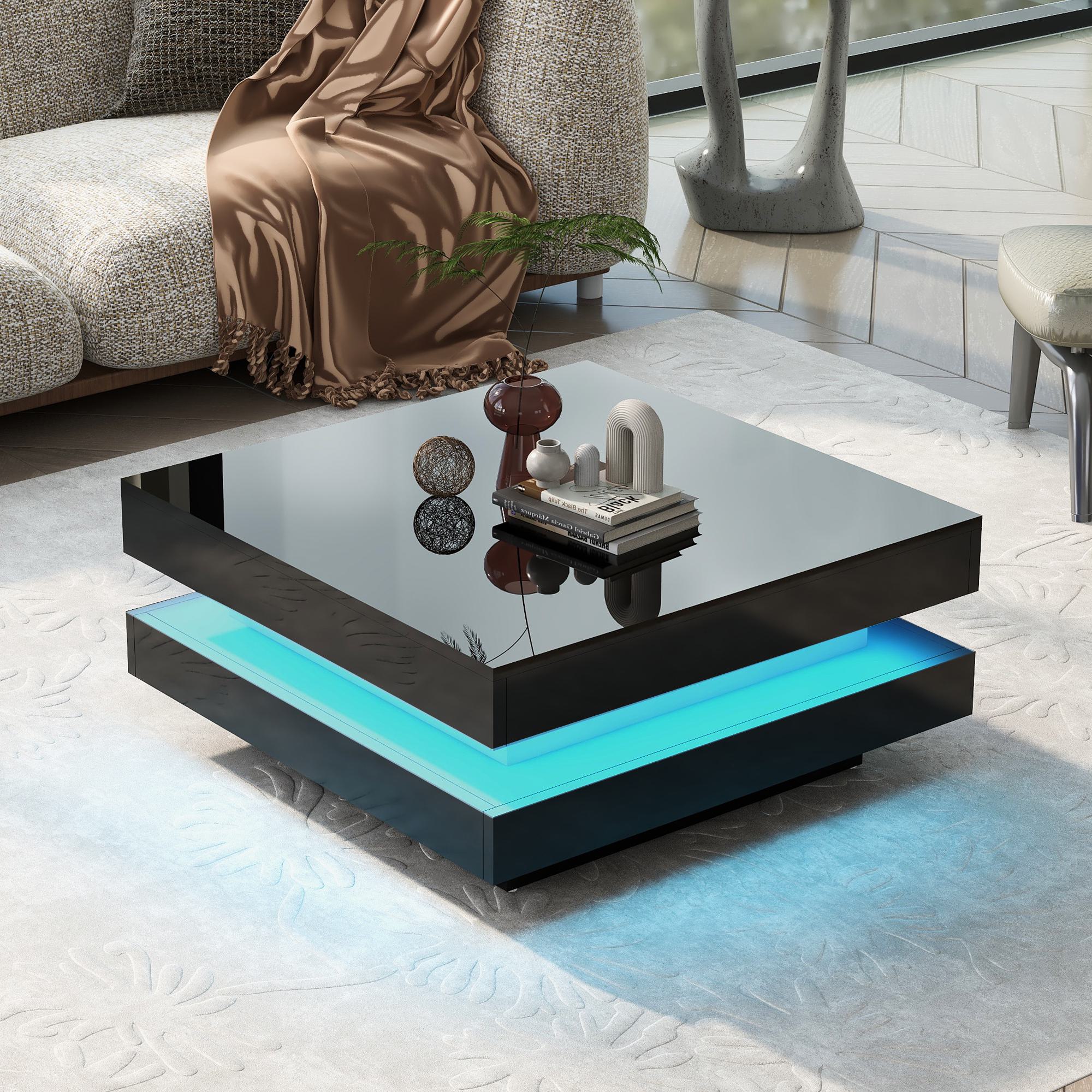 High Gloss Minimalist Coffee Table with LED Lights, 2-Tier Square Center Table for Living Room, 31.5" L x 31.5" W x 14" H, Black