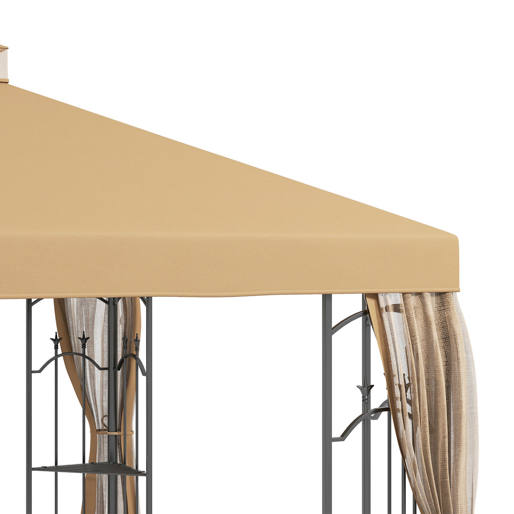 10' x 12' Patio Gazebo with Corner Frame Shelves, Double Roof Outdoor Gazebo Canopy Shelter with Netting, Brown