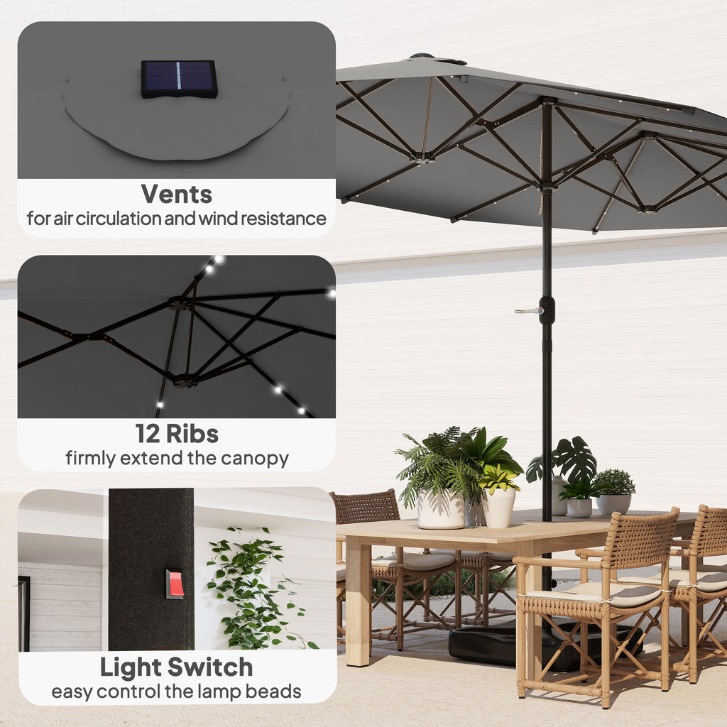 Garden Parasol 14.4ft Double-Sided Sun Umbrella with Base, Patio Parasol with LED Solar Lights, Gray