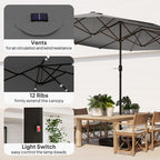 Garden Parasol 14.4ft Double-Sided Sun Umbrella with Base, Patio Parasol with LED Solar Lights, Gray