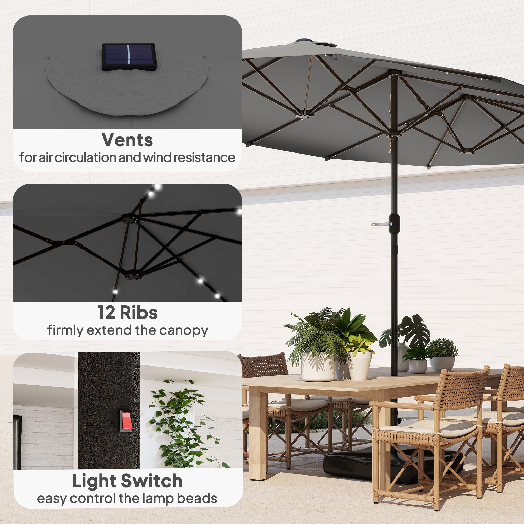 Garden Parasol 14.4ft Double-Sided Sun Umbrella with Base, Patio Parasol with LED Solar Lights, Gray