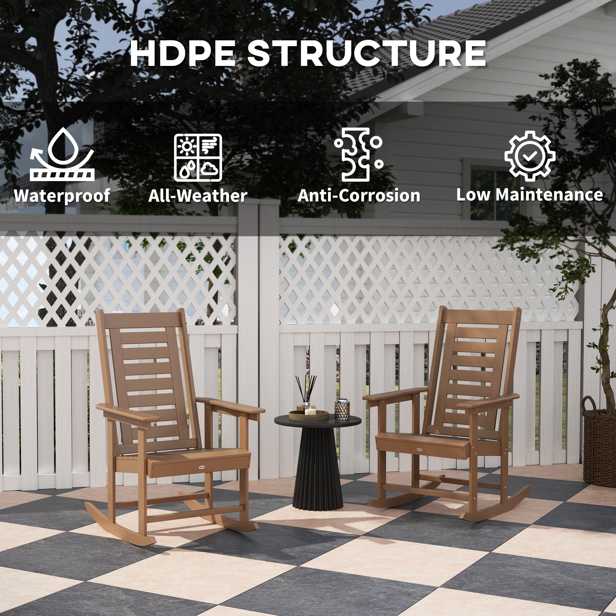 2 Pieces Outdoor Rocking Chairs, HDPE Patio Rockers with 28" High Back, Wide Armrests for Porch Backyard, Brown