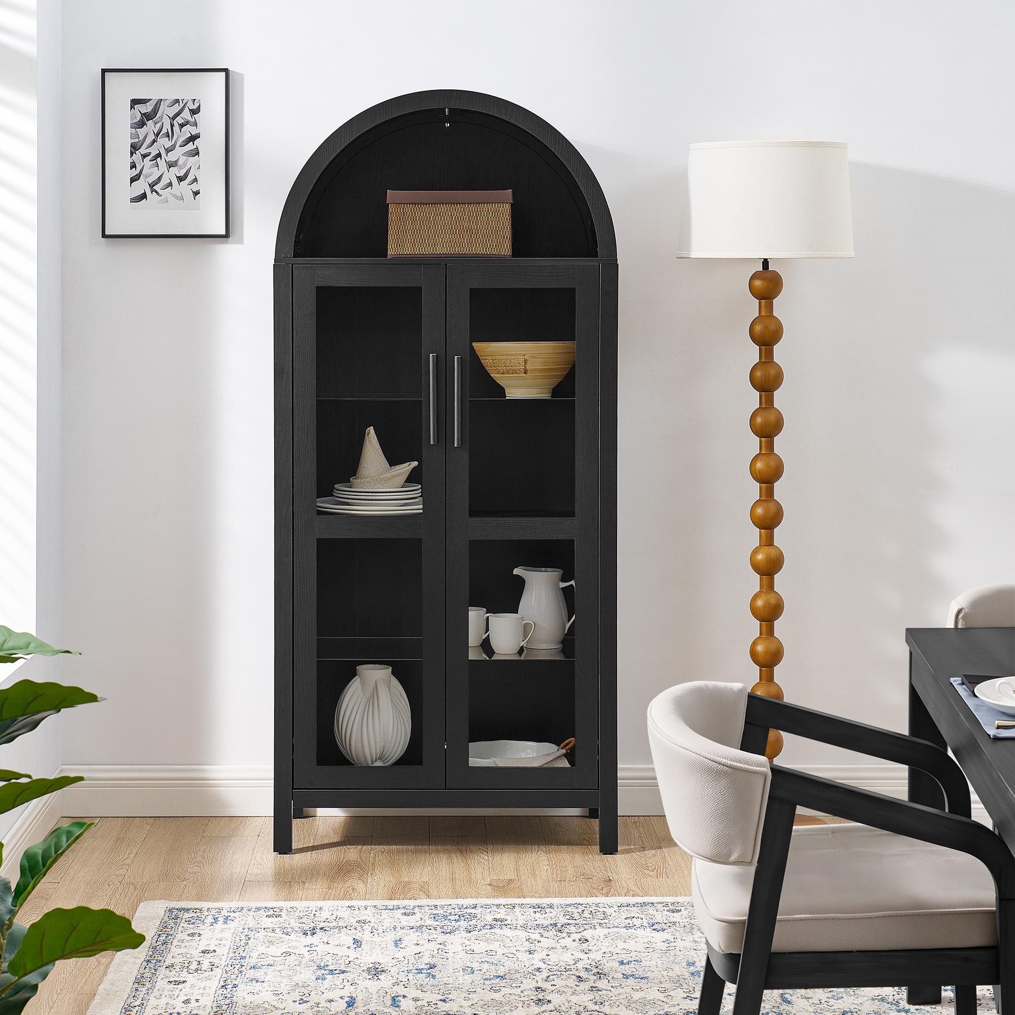 Arched Top Storage Cabinet with LED Light Strip, Adjustable Glass Shelves, Modern Bookcase for Living Room, 30" L x 15.5" W x 67" H, Black