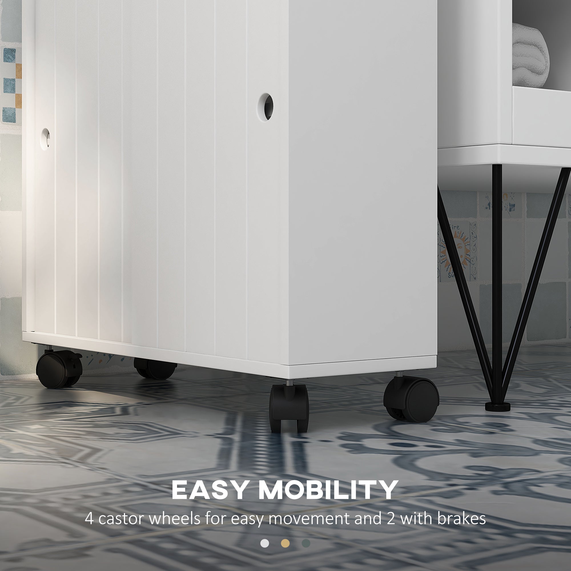 Toilet Paper Cabinet, Slim Bathroom Cabinet with 4 Rolling Wheels, Small Bathroom Storage Cabinet with Paper Holes, Sliding Doors and Adjustable Shelf for Small Space, White