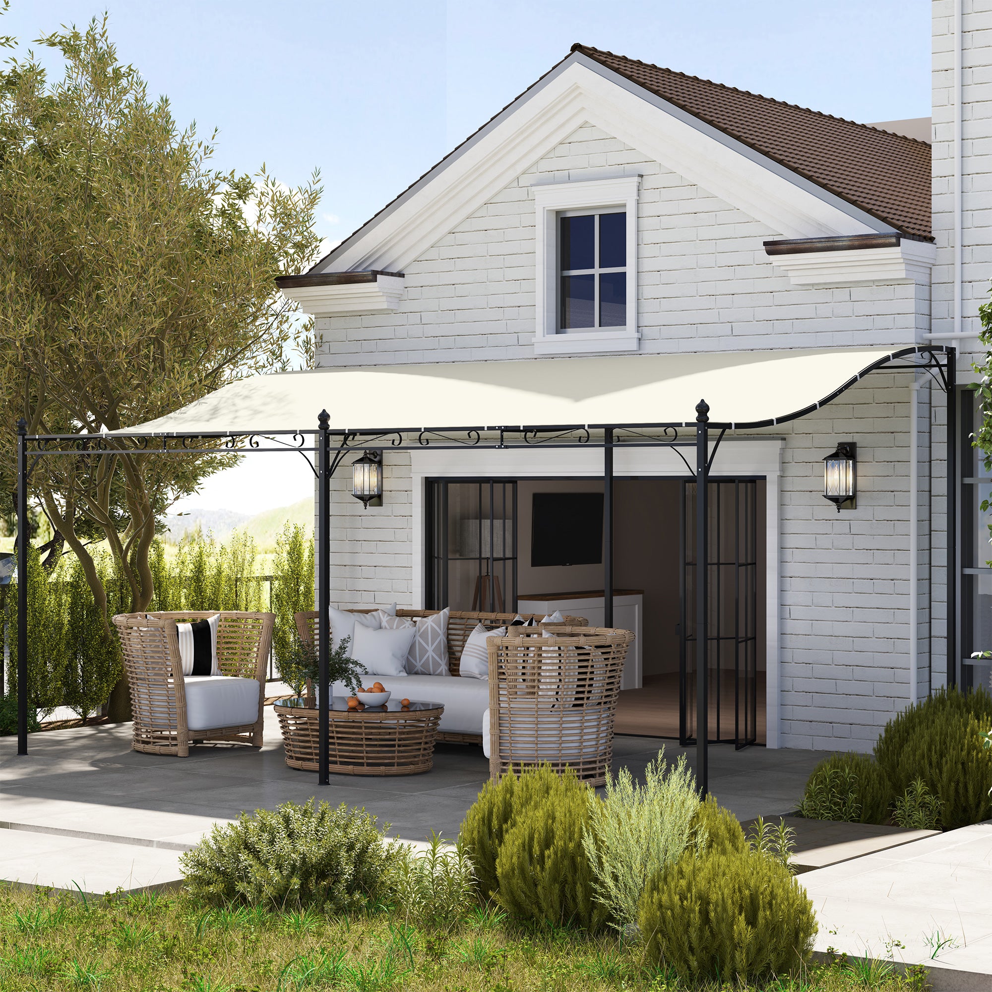10' x 16' Wall-Mounted Outdoor Pergola Canopy, Metal Patio Canopy with Drainage Holes for Backyard Garden, Cream White