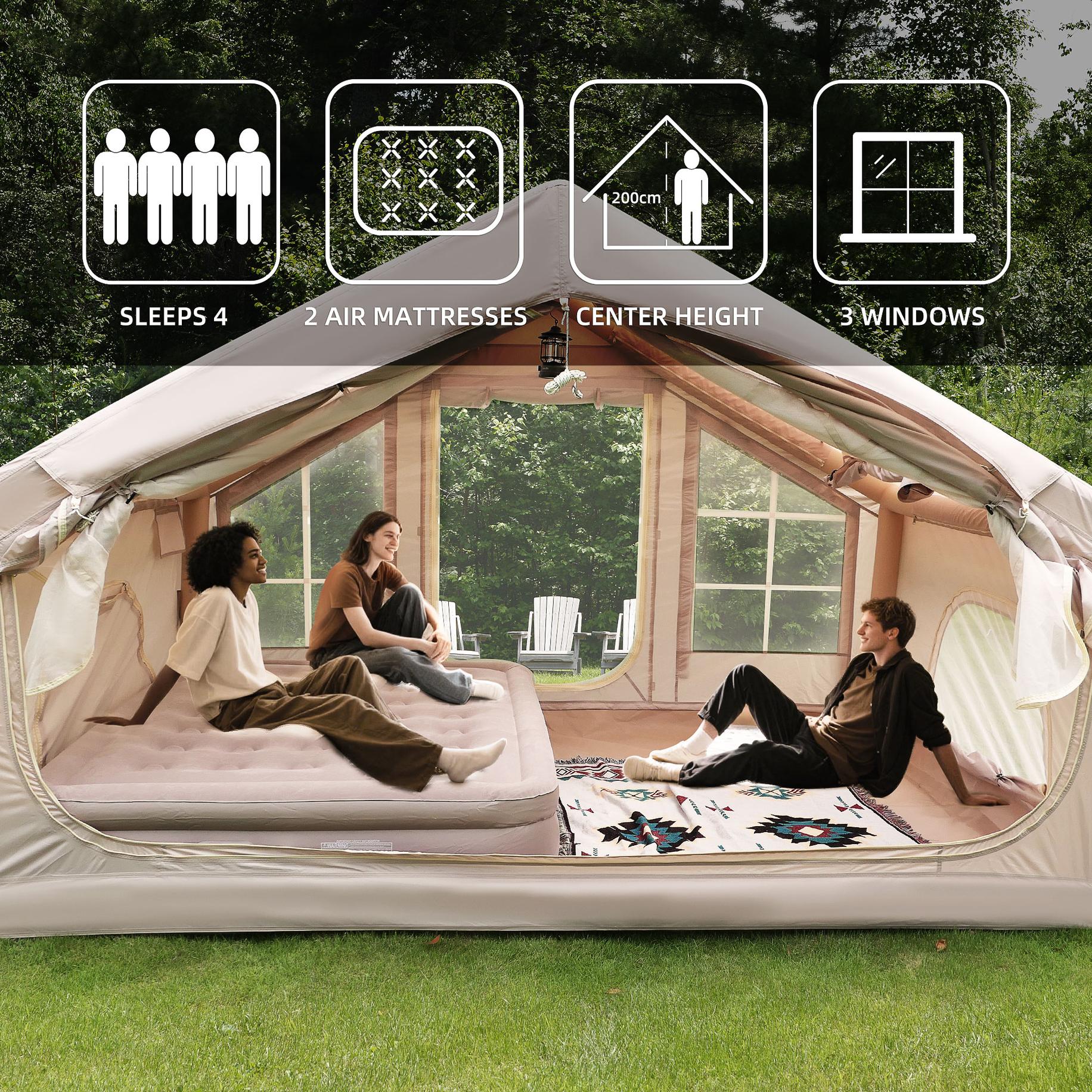 Inflatable 4-Season Camping Tent with Extended Awning, Waterproof Family Tent with Clear Skylight, 118″ L x 82.5″ W x 78.5″ H, Beige