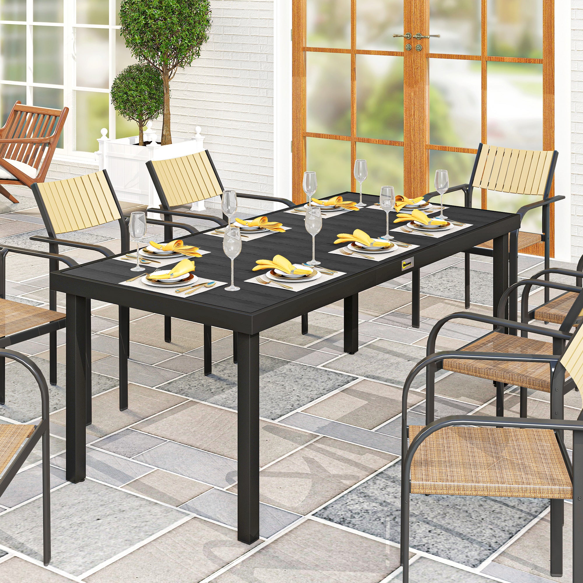 75" x 35" Outdoor Dining Table for 8 People, Rectangular Aluminum Frame Garden Table with All-Weather Faux Wood Top for Lawn, Patio, Black