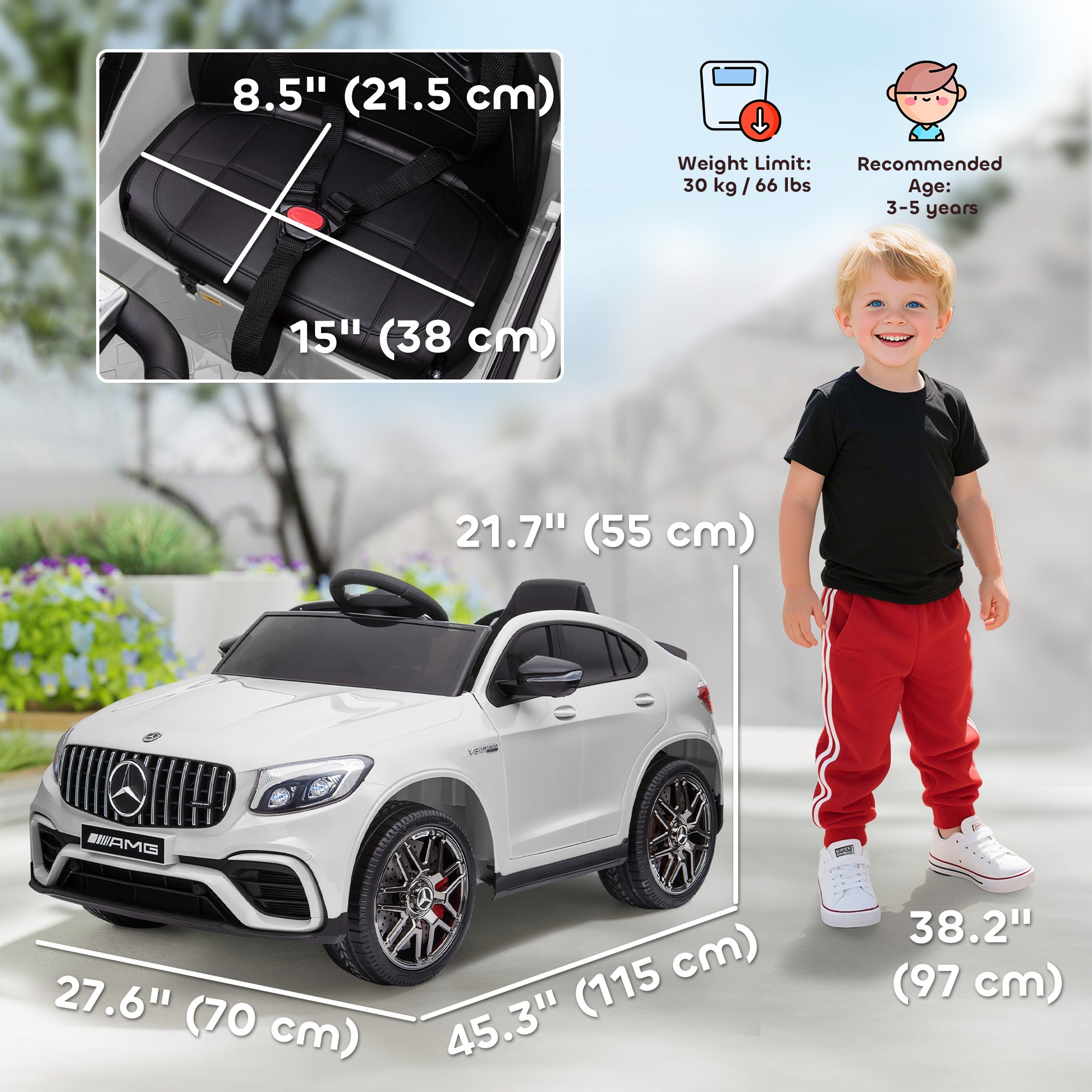 12V Toddler Ride On Car with Remote Control, AMG GLC63S Coupe, Electric Car with 2 Speed, MP3 Player, Light, Horn, Songs, Suspension, White