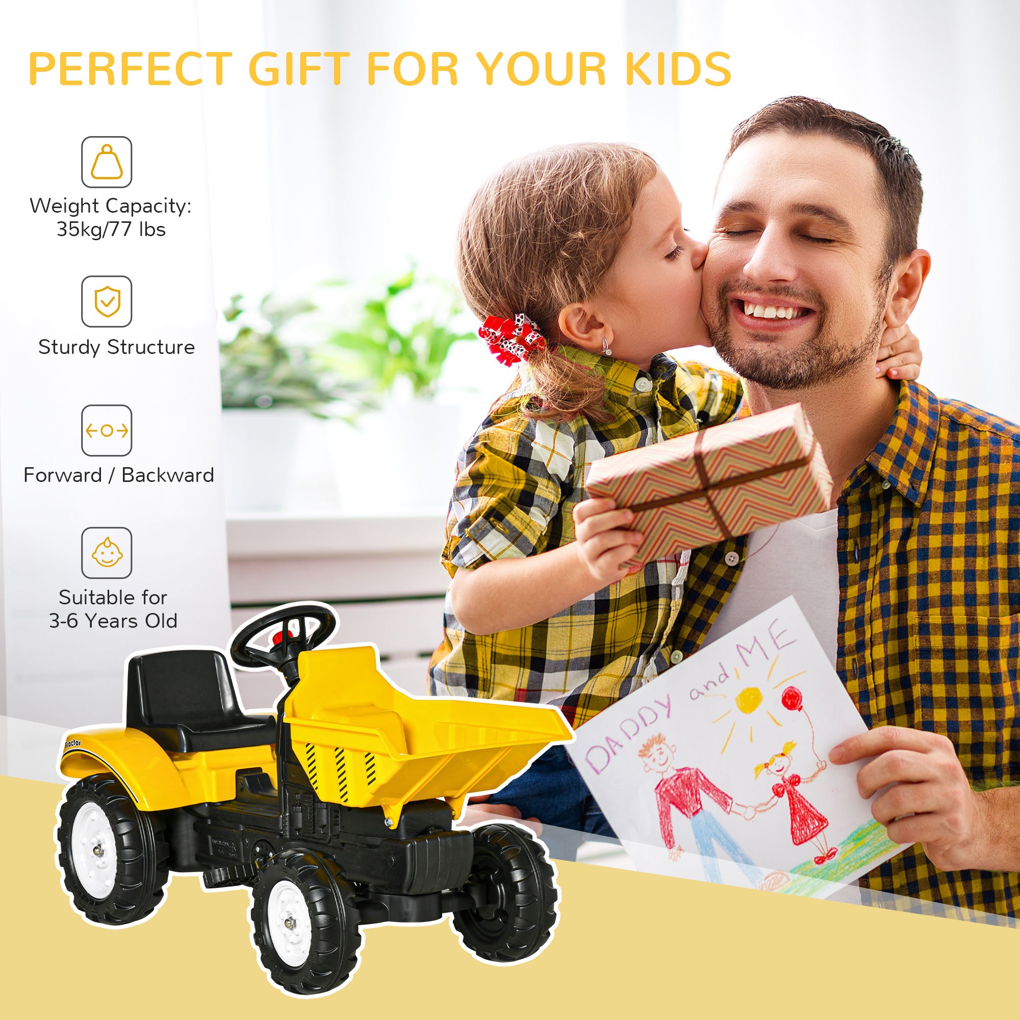 Kids No Power Ride-On Excavator with Manual Control Bucket, Yellow