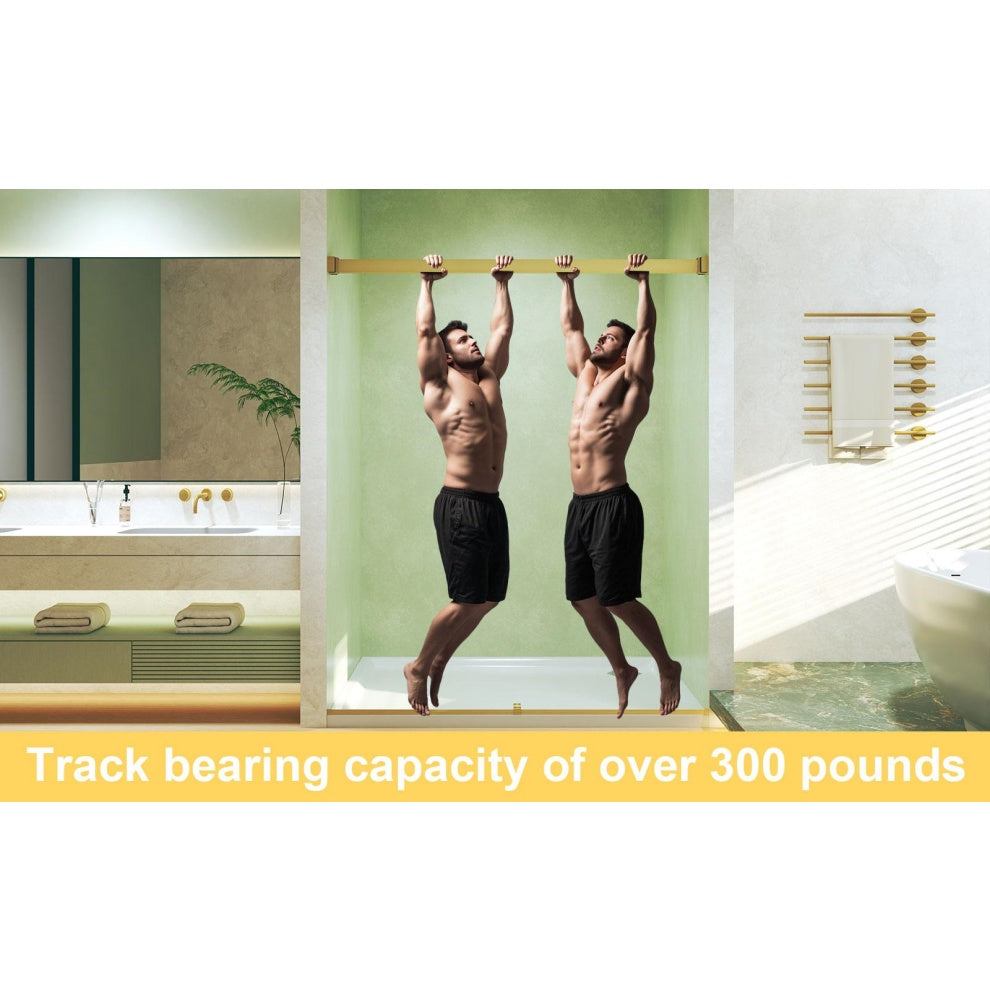 Frameless Double Sliding Shower Door with Silent Rollers, Bathroom Door with Square Tube Track, 60" L x 0.5" W x 74" H, Brushed Gold