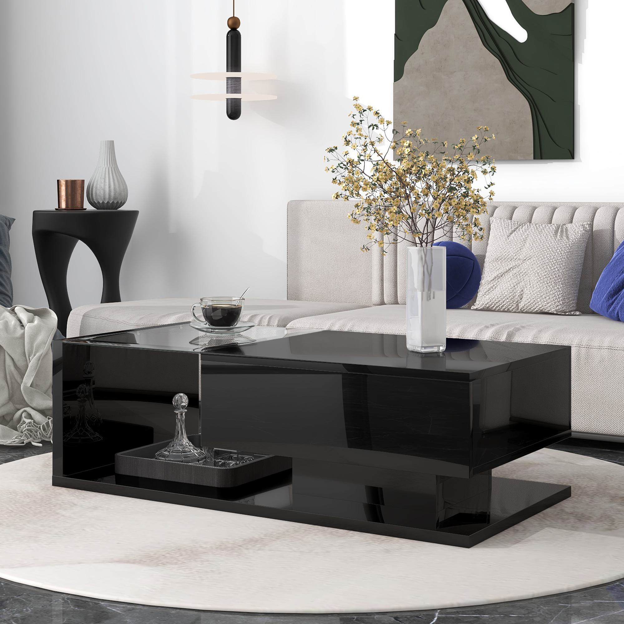 Modern Coffee Table with Tempered Glass, Wooden Cocktail Table with High-Gloss UV Surface, 2-Tier Rectangle Center Table for Living Room, Black