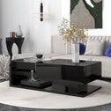 Modern Coffee Table with Tempered Glass, Wooden Cocktail Table with High-Gloss UV Surface, 2-Tier Rectangle Center Table for Living Room, Black
