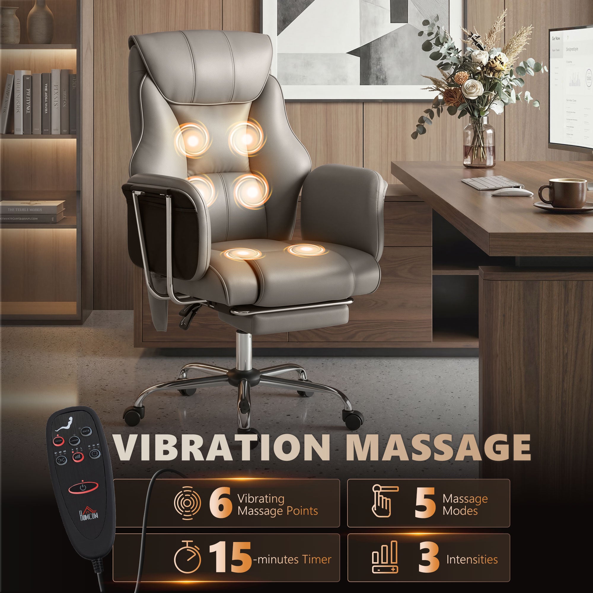 Massage Office Chair with 6 Points Vibration, Executive Desk Chair with High Back, PU Leather, Footrest, Gray