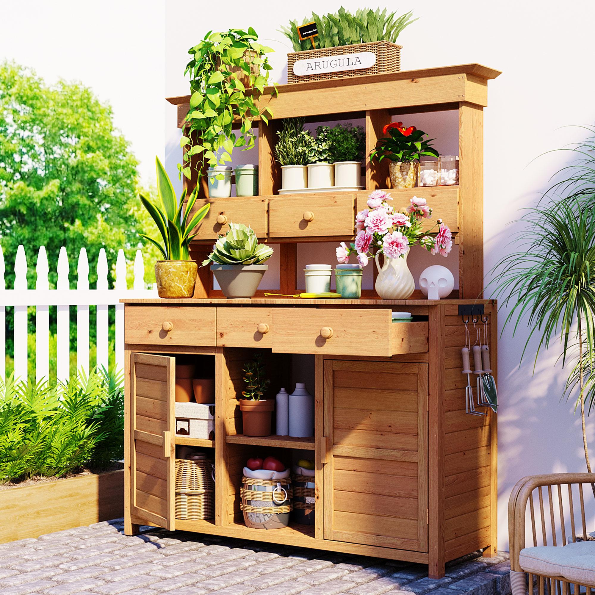 Tall Potting Bench with 3 Shelves, 6 Drawers, Hutch and Cabinet, Wood Garden Workstation for Patio, 50'' L x 20.5'' W x 65.5'' H, Natural