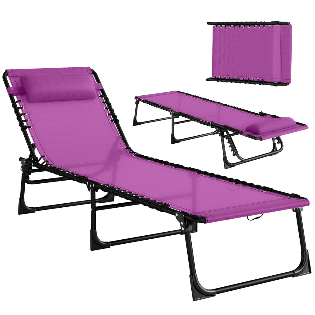 Folding Chaise Lounge Pool Chair with 4-Position Reclining Back, Pillow, Breathable Mesh & Bungee Seat, Purple