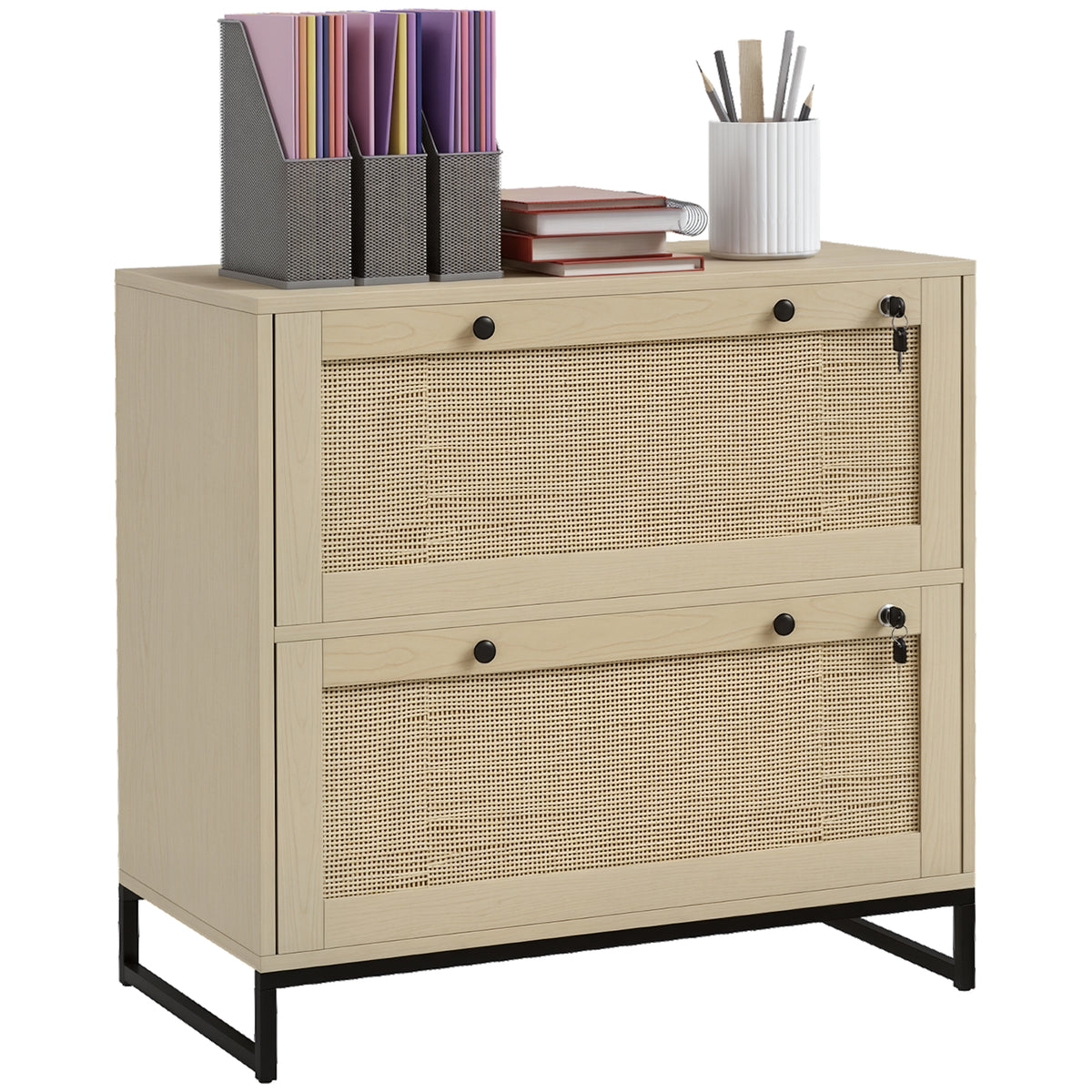 Lockable Filing Cabinet, Boho 2 Drawer File Cabinet with Adjustable Hanging Bar for Letter, A4 and Legal Size, Natural