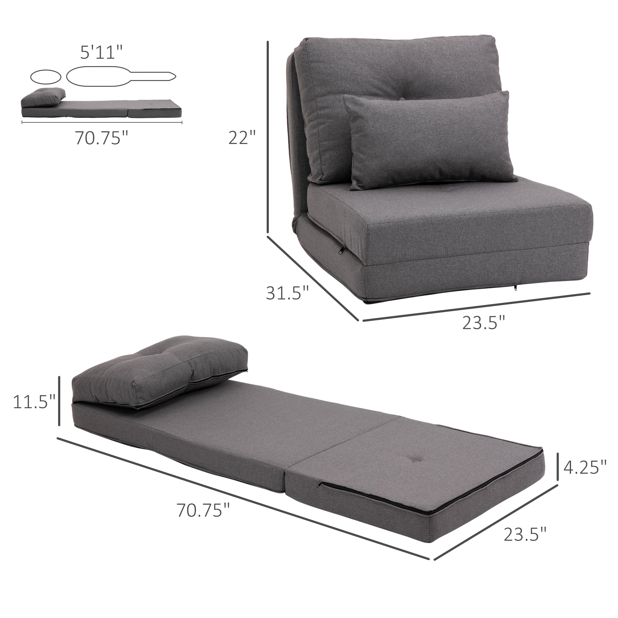 Convertible Flip Chair, Floor Lazy Sofa, Folding Upholstered Couch Bed with Adjustable Backrest, Metal Frame and Pillows for Living Room Bedroom, Dark Gray