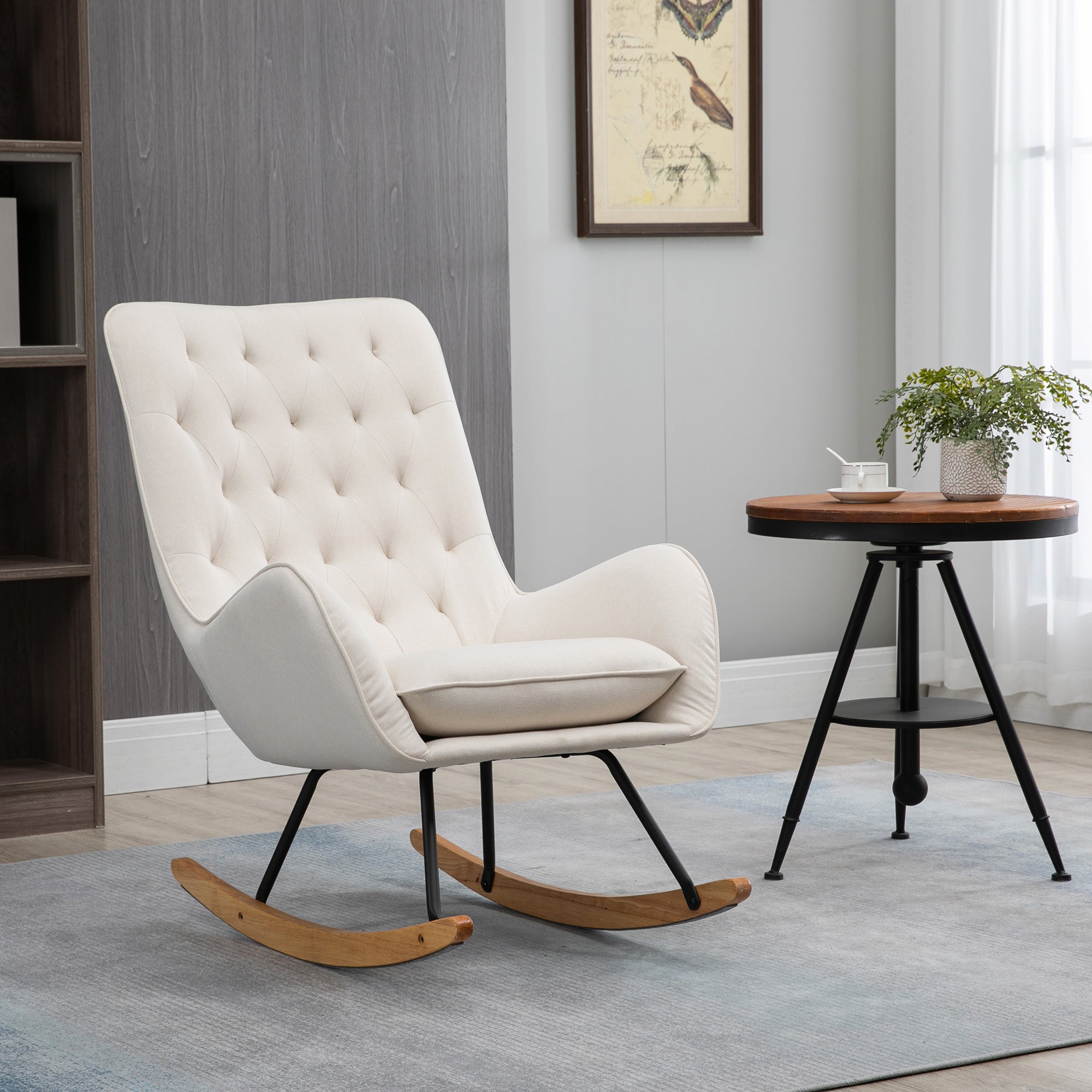 Mid-Century Fabric Rocking Chair Sofa Armchair Tufted Rocker Wingback Accent Chair with Padded Seat, Rubber Wood Base for Home Studio, Bedroom, Living Room, Cream White