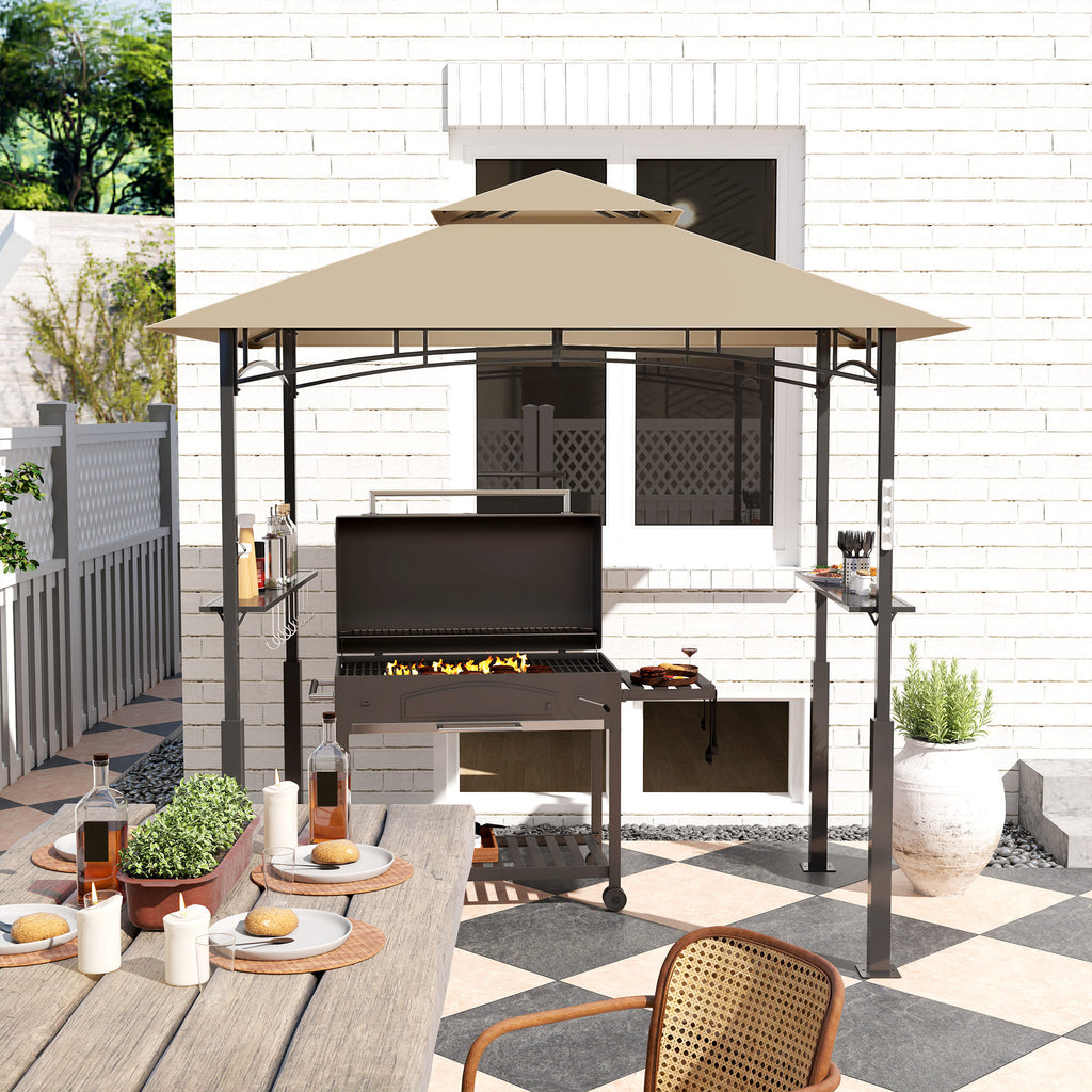 8' x 5' Outdoor Grill Gazebo, Barbecue Gazebo Shelter with LED Light, 2 Side Shelves, Hooks, Bottle Opener, Khaki