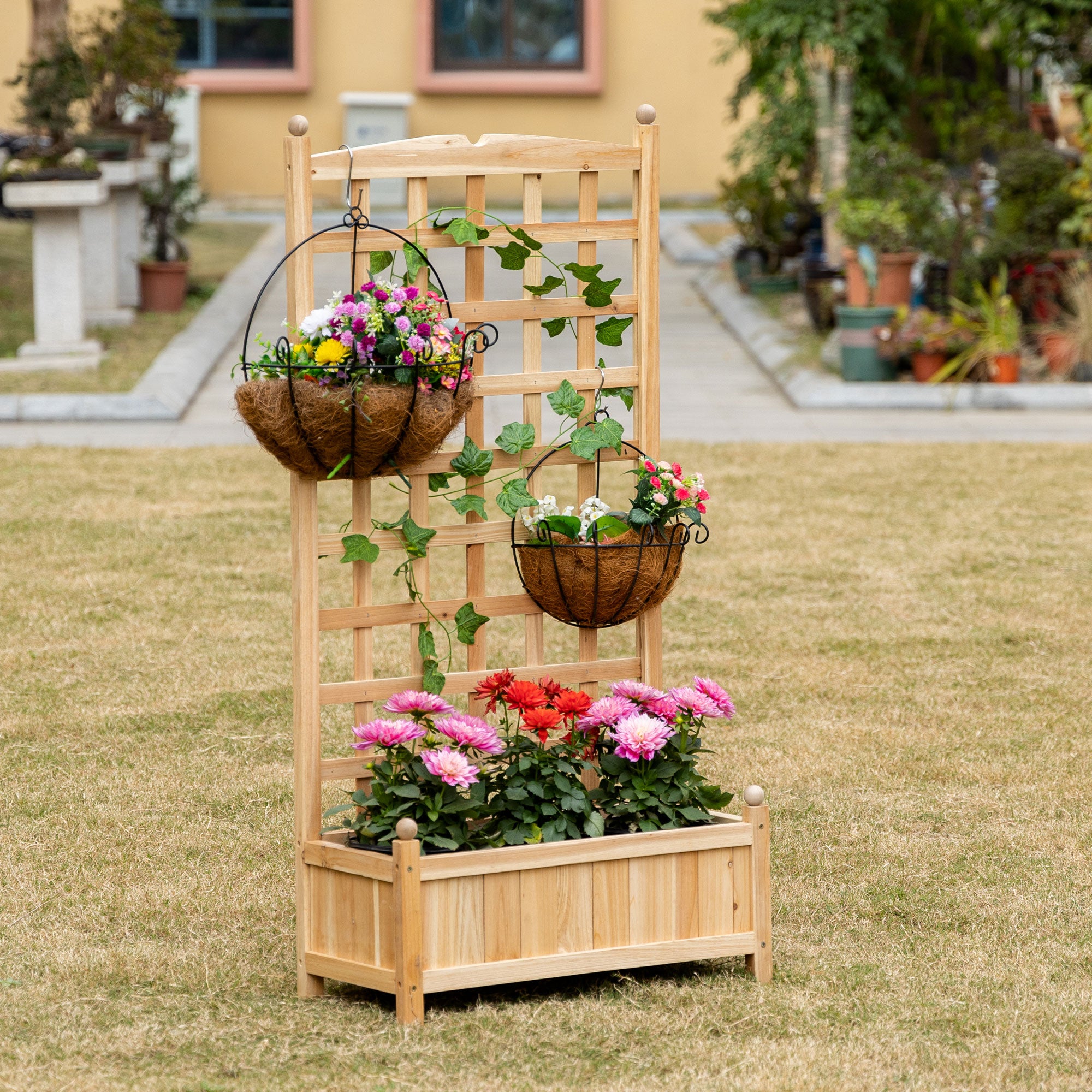 Wooden Raised Garden Bed with Trellis, Outdoor Planter Box with Drainage Crevices for Climbing Vine Plants Flowers, 24" x 12" x 49"