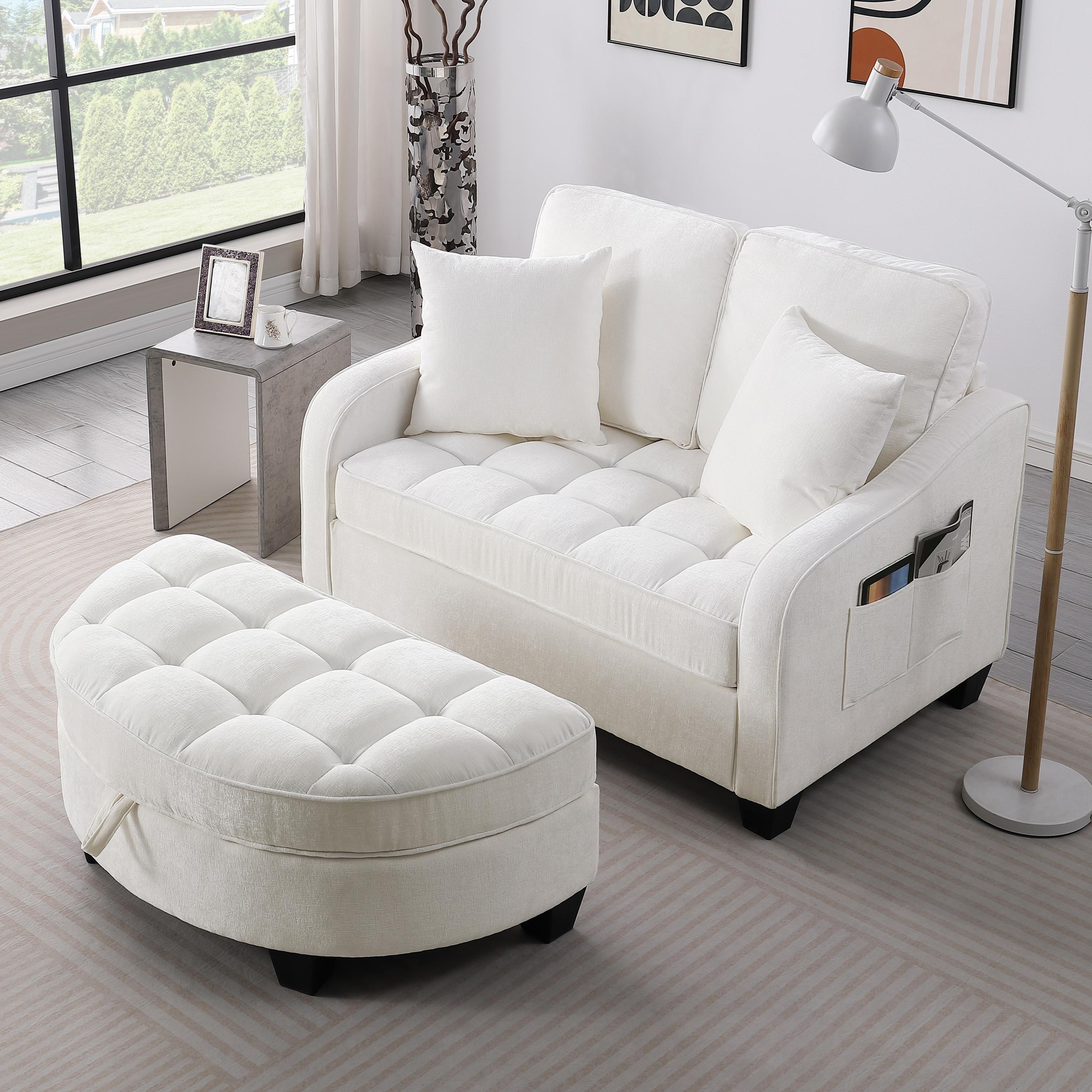 2-Seater Sofa Chaise Lounge with Irregular Curved Armrests, Ergonomic Backrest, Footrest with 2 Throw Pillows, 42.5" L x 32.5" W x 36.5" H, Beige