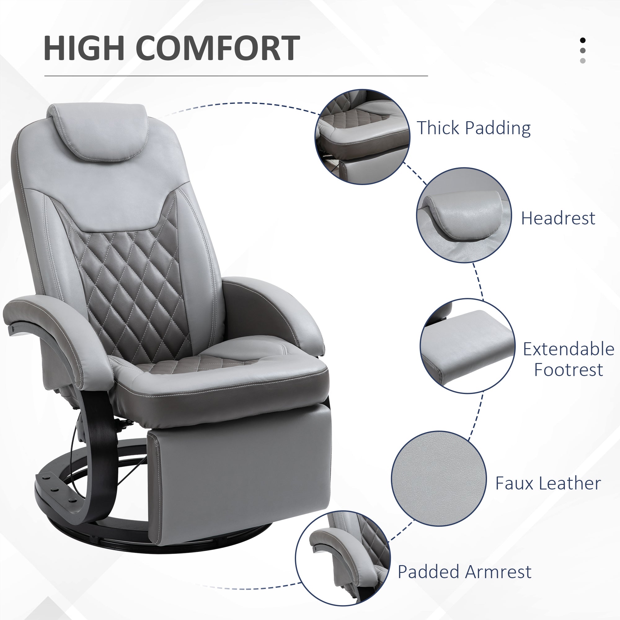 Faux Leather Manual Recliner, Adjustable Swivel Lounge Chair, Armchair with Footrest and Round Base for Living Room, Gray