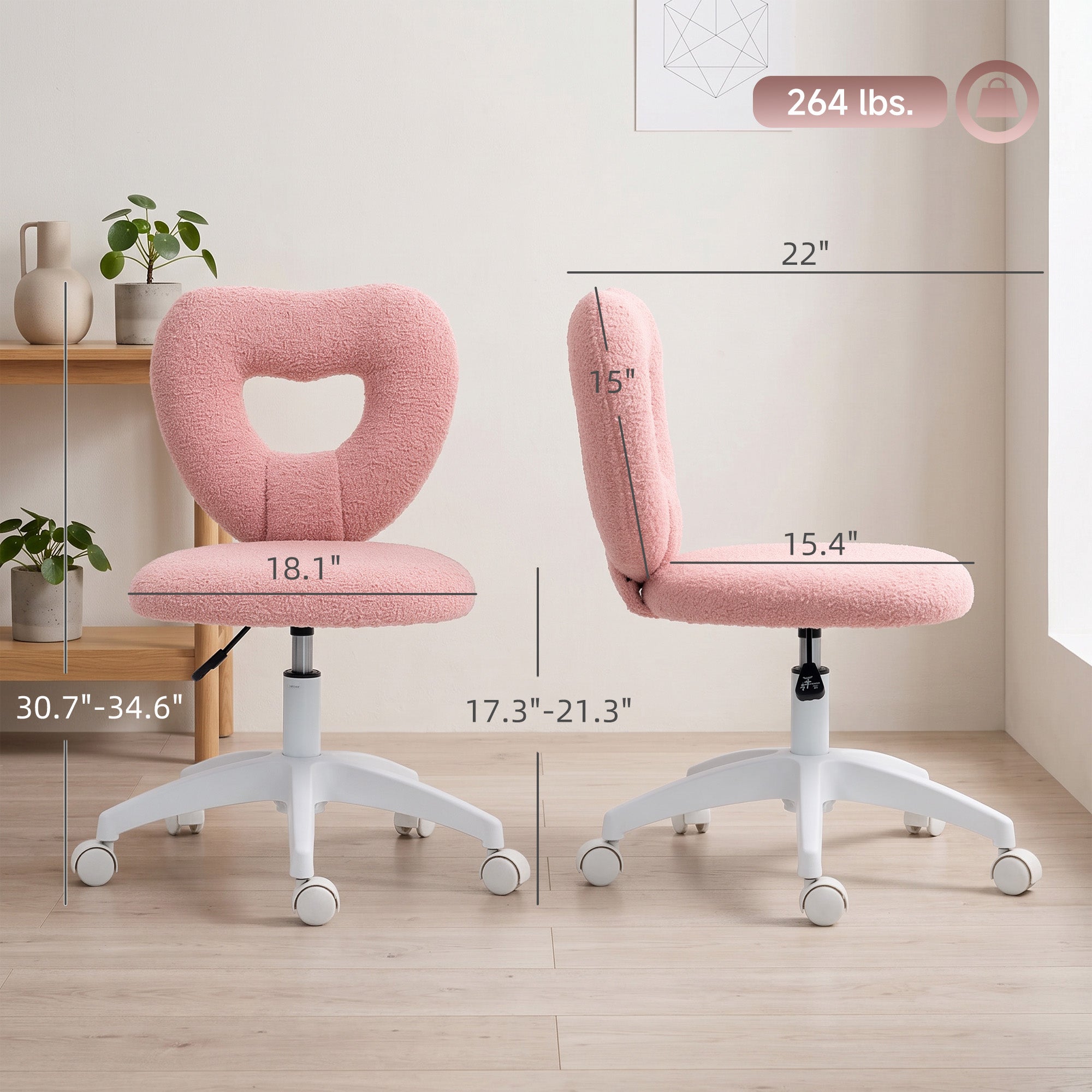 Armless Computer Desk Chair, Office Task Chair, Teddy Fleece Heart Makeup Vanity Chair with Swivel Wheels, Pink