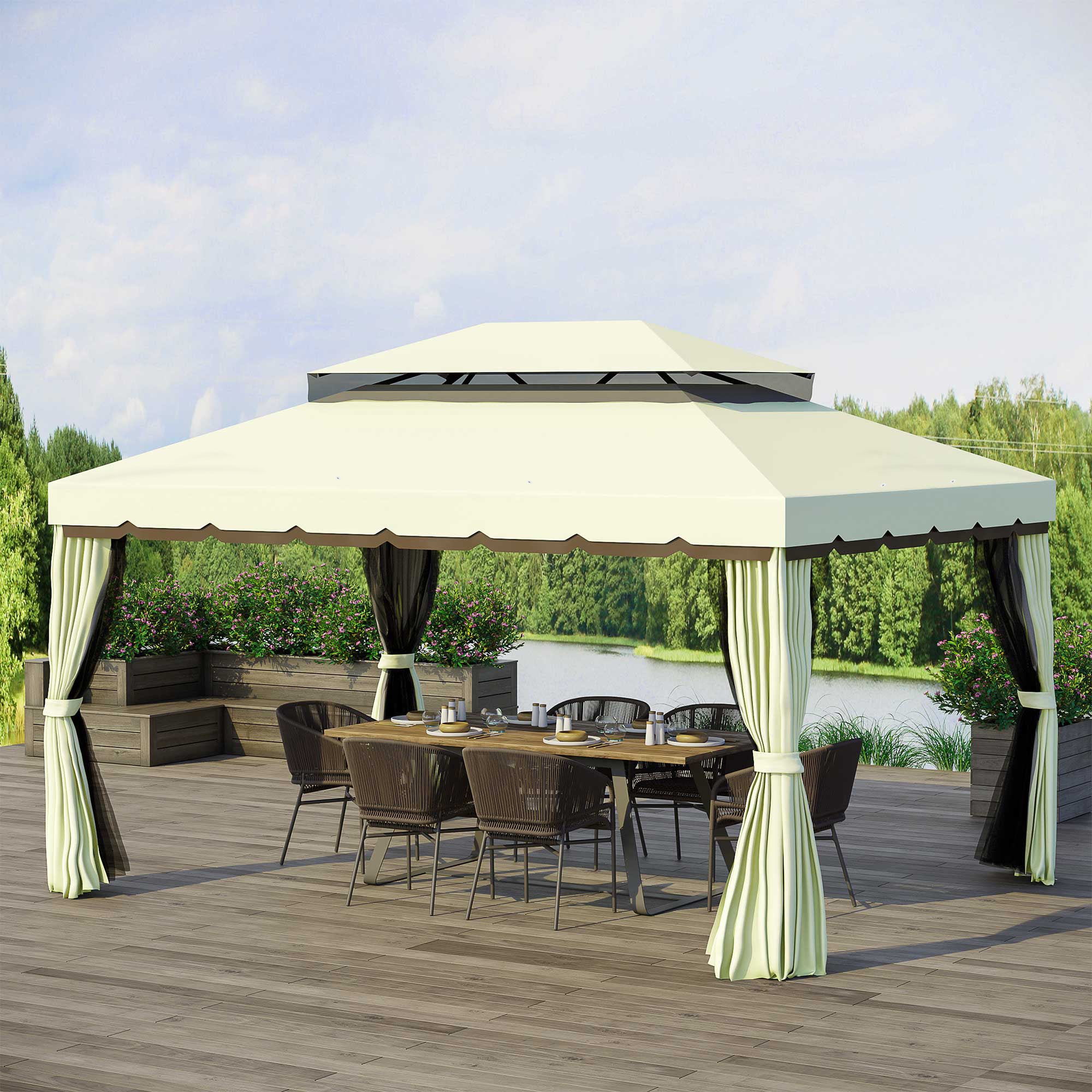 10' x 13' Patio Gazebo, Aluminum Frame Double Roof Outdoor Gazebo Canopy Shelter with Netting & Curtains, Cream White