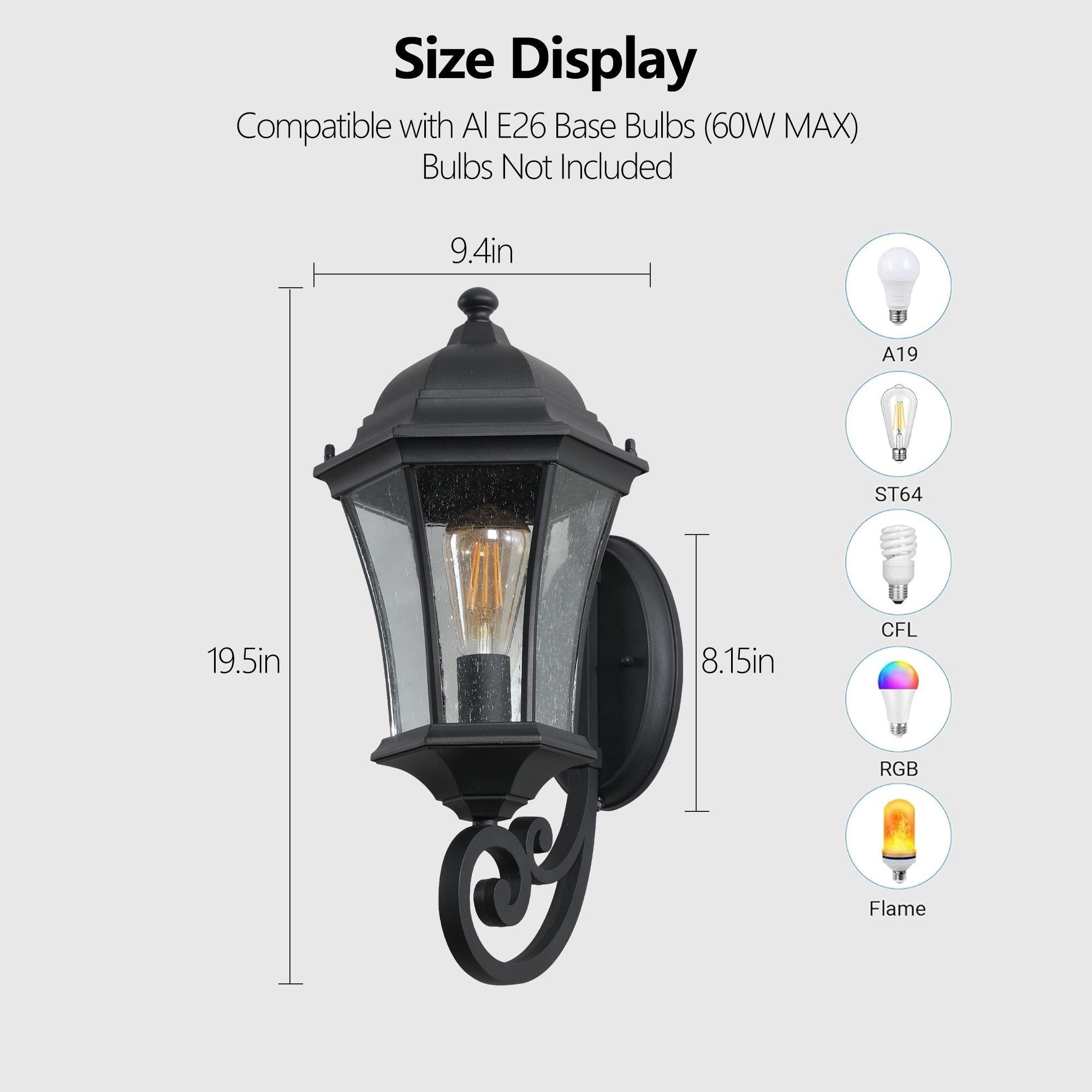 Vintage Wall-Mounted Outdoor Lantern Light with Weather-Resistant, Aluminum Sconce for Porch, Patio, 11" L x 9.5" W x 19.5" H, Black