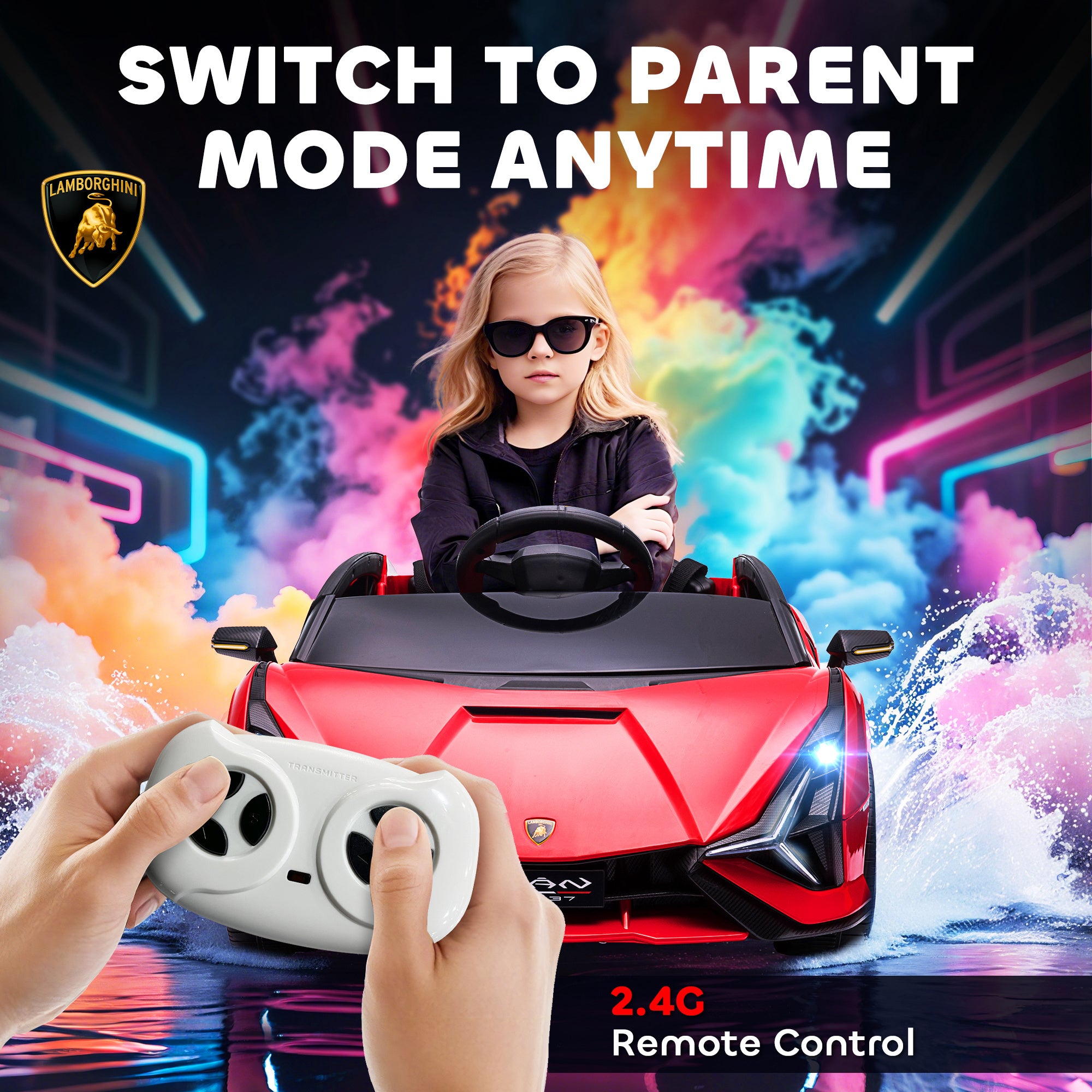 12V SIAN Licensed Electric Car for kids with Remote Control, Horn, Music, & Headlights, Red
