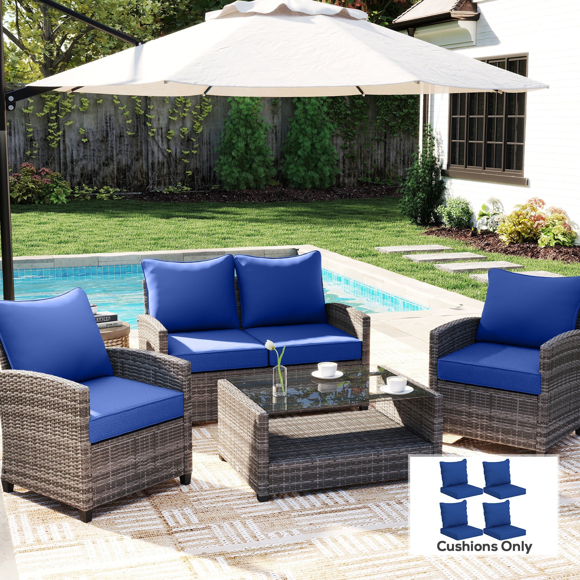 Patio Chair Cushions Set of 4 with Seat & Backrest, Fade Resistant Seat Replacement Cushion Set, Navy Blue