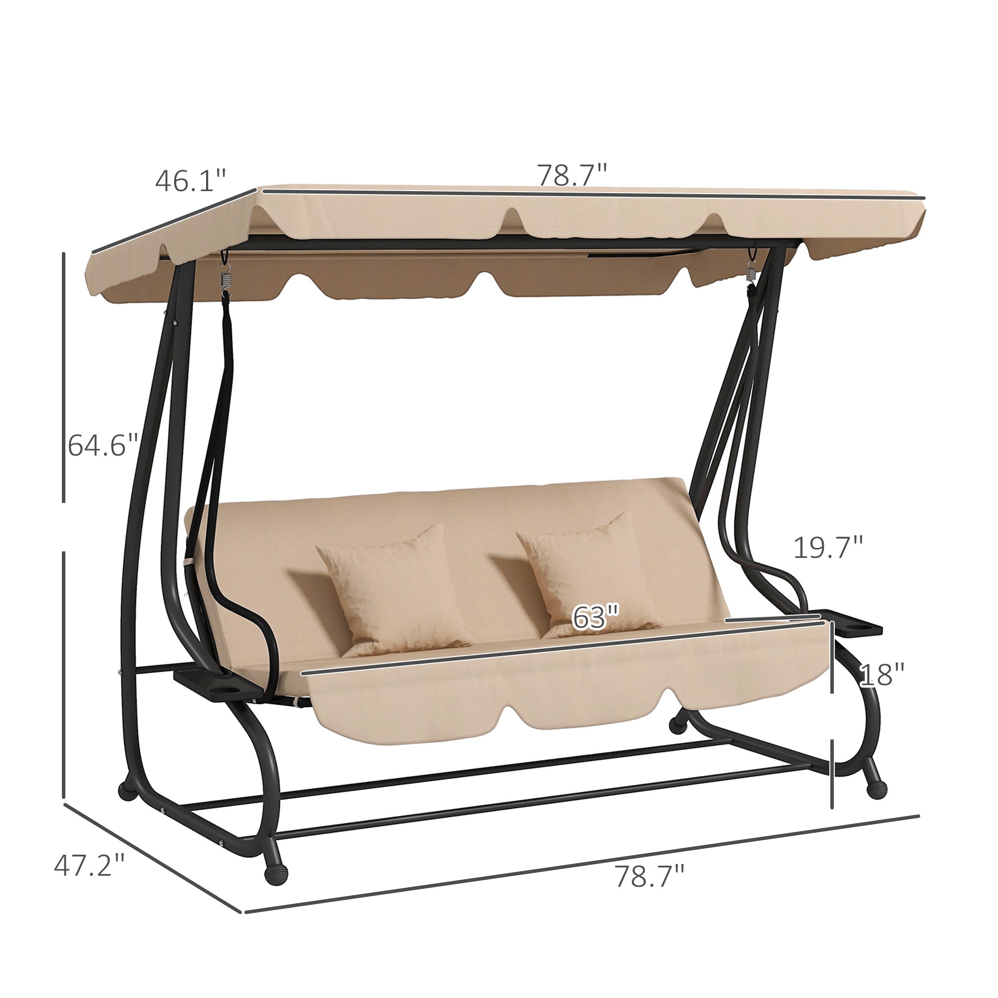 Free Standing Swing Bench, Porch Swing with Stand, Adjustable Canopy, Cushion and Pillows, Ecru