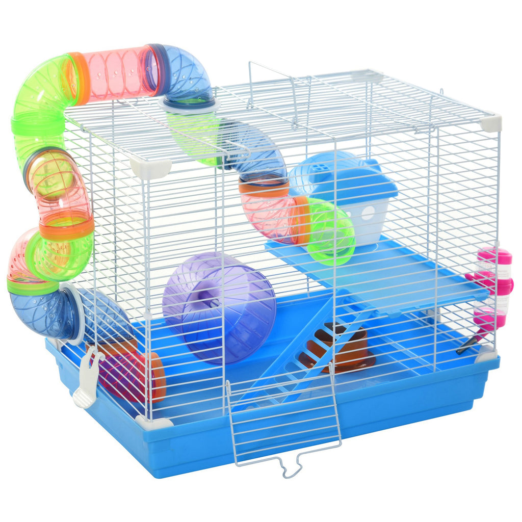 2-Level Hamster Cage Rodent Gerbil House Mouse Mice Rat Habitat Metal Wire with Exercise Wheel, Play Tubes, Water Bottle, Food Dishes, & Interior Ladder