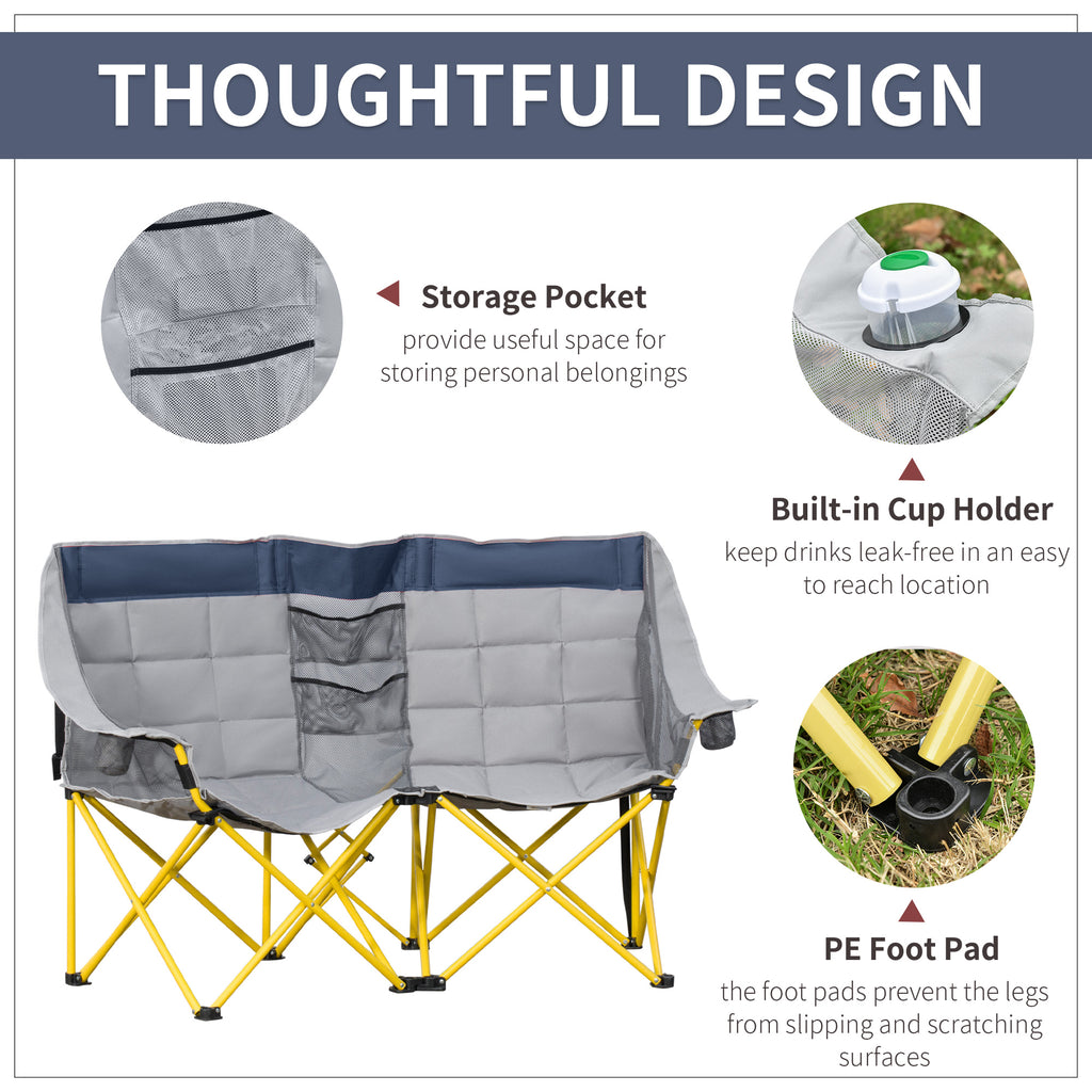 Loveseat Style Camping Chair, Oversized Folding Lawn Chair with Carry Bag & Cup Holders, for Outdoor, Navy Blue & Gray