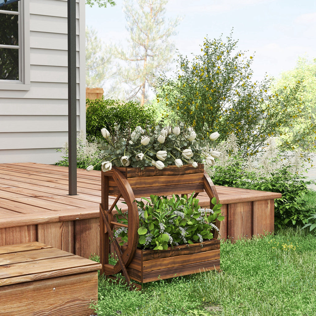 Wooden Wagon Planter Box, 2-Tier Raised Garden Bed, for Vegetables Flowers Herbs, 22" x 13" x 22"