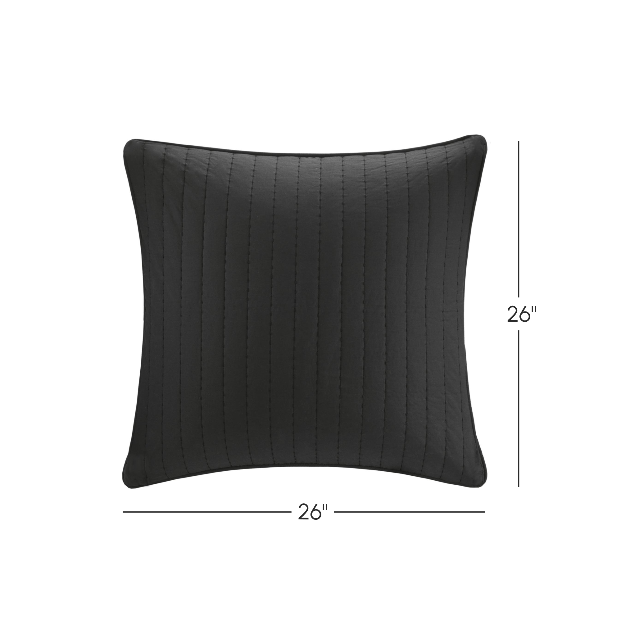 100% Cotton Quilted Euro Sham with Embroidery, Hidden Zipper, Farmhouse Machine Washable Pillowcase, 26" L x 26" W x 0.25" H, Black