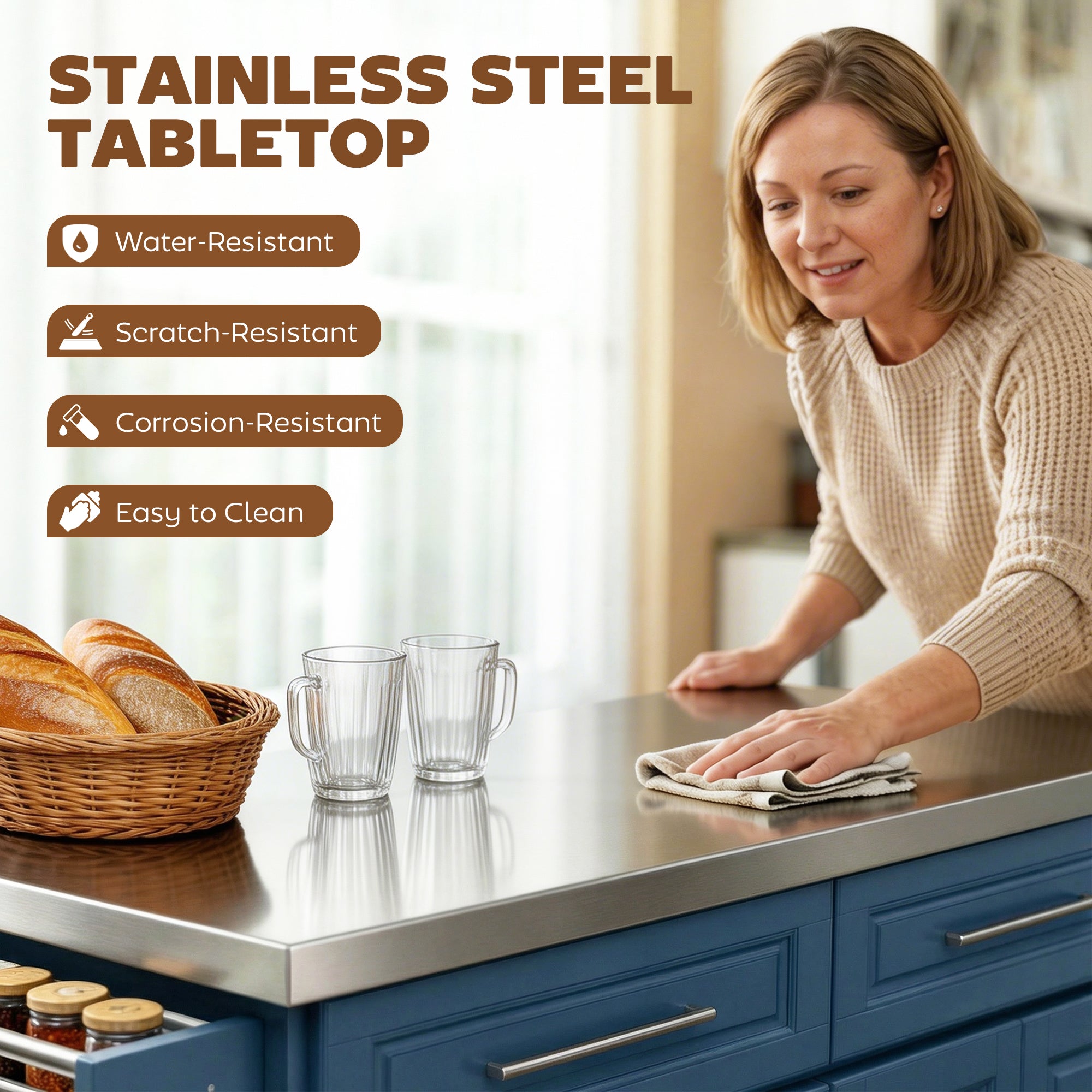 Rolling Kitchen Island with Stainless Steel Top, 2 Drawers, Spice, Knife and Towel Rack and Cabinets, Navy Blue
