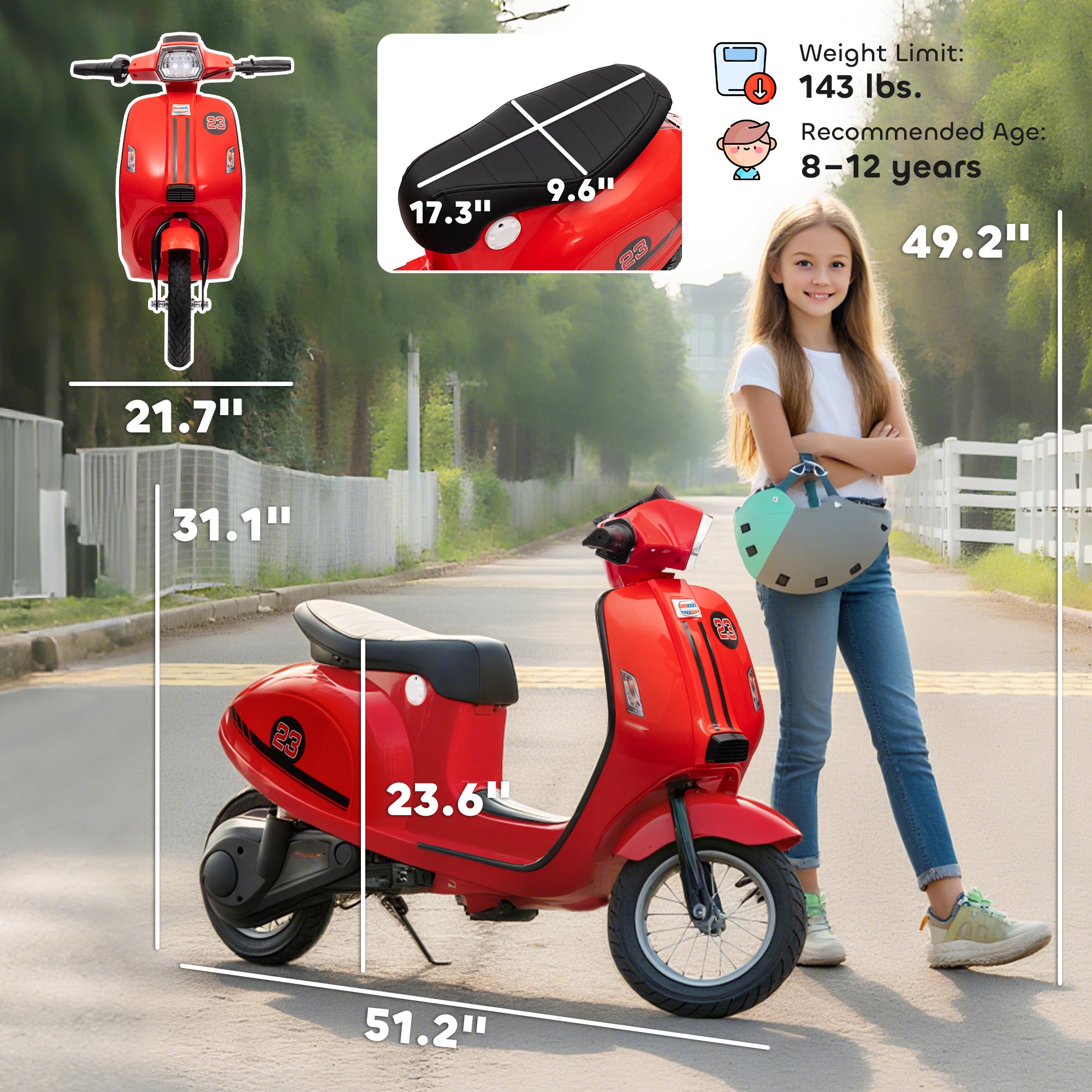 24V Kids Motorcycle with 3-Speed, Electric Motorcycle with Rear Suspension and LED Lights for 8-12 Years Old, Red