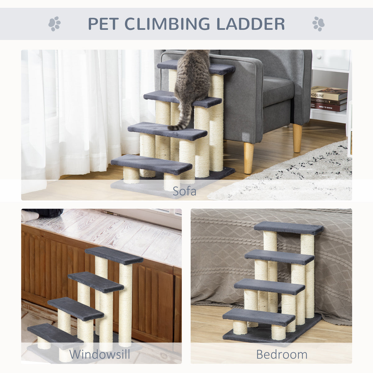 Cat Tree with 4 Steps for High Beds w/ Sisal Scratching Post