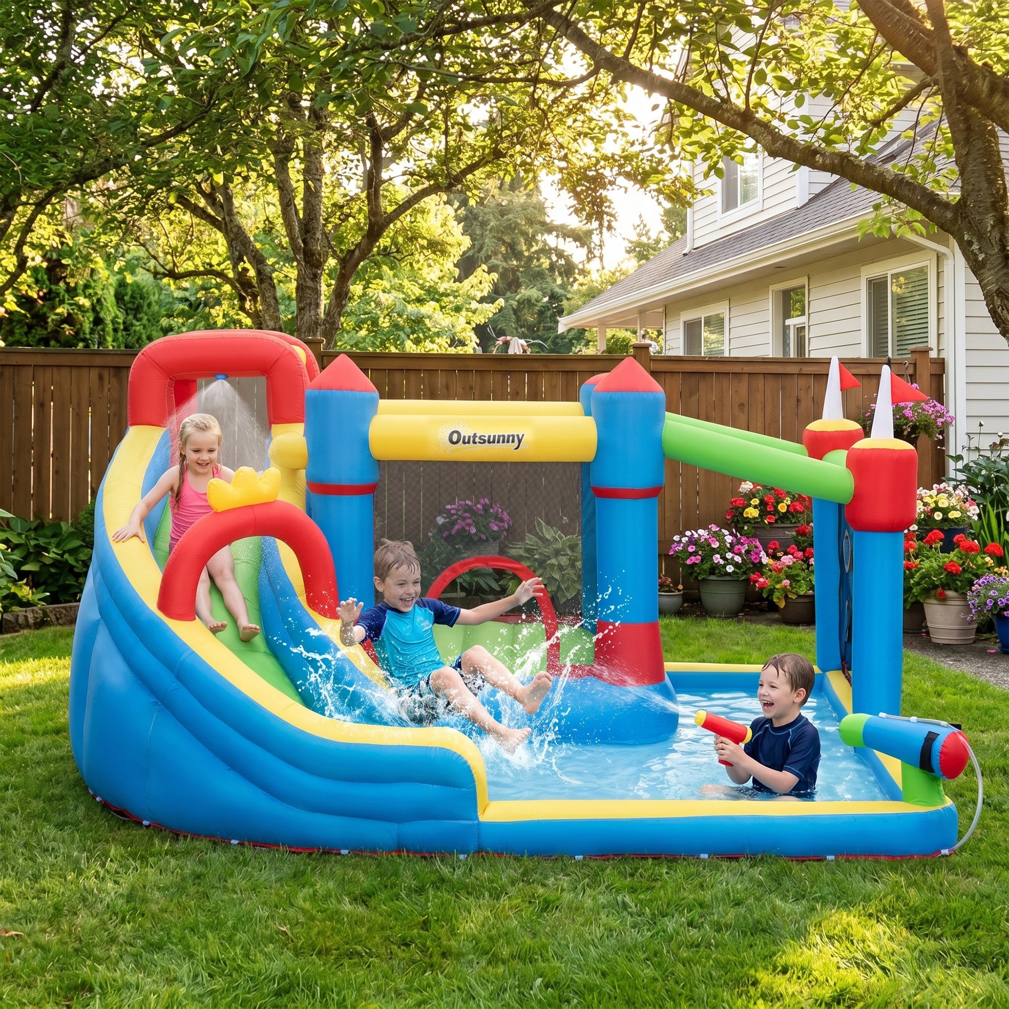 6-in-1 Inflatable Water Slide with Splash Pool, Slide, Climbing Wall, Water Cannon, Inflatable Bounce House for Kids with 2 Min. Inflation and Air Blower