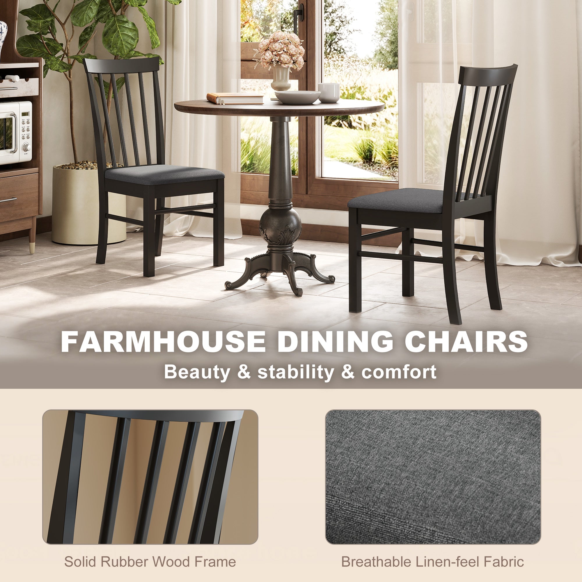 Wooden Dining Chairs Set of 2, Farmhouse Upholstered Kitchen Chairs with Rubber Wood Frame, Black and Gray