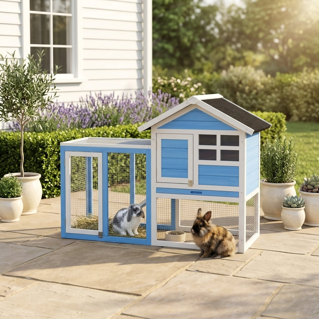49" Wooden Rabbit Hutch Bunny Cage with Waterproof Asphalt Roof, Fun Outdoor Run, Removable Tray and Ramp, for Rabbits, Chickens, Ducks, Light Blue